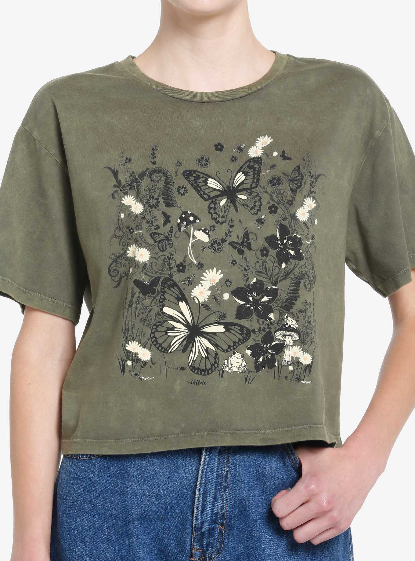 Thorn & Fable Butterfly Forest Green Wash Girls Crop T-Shirt, , hi-res