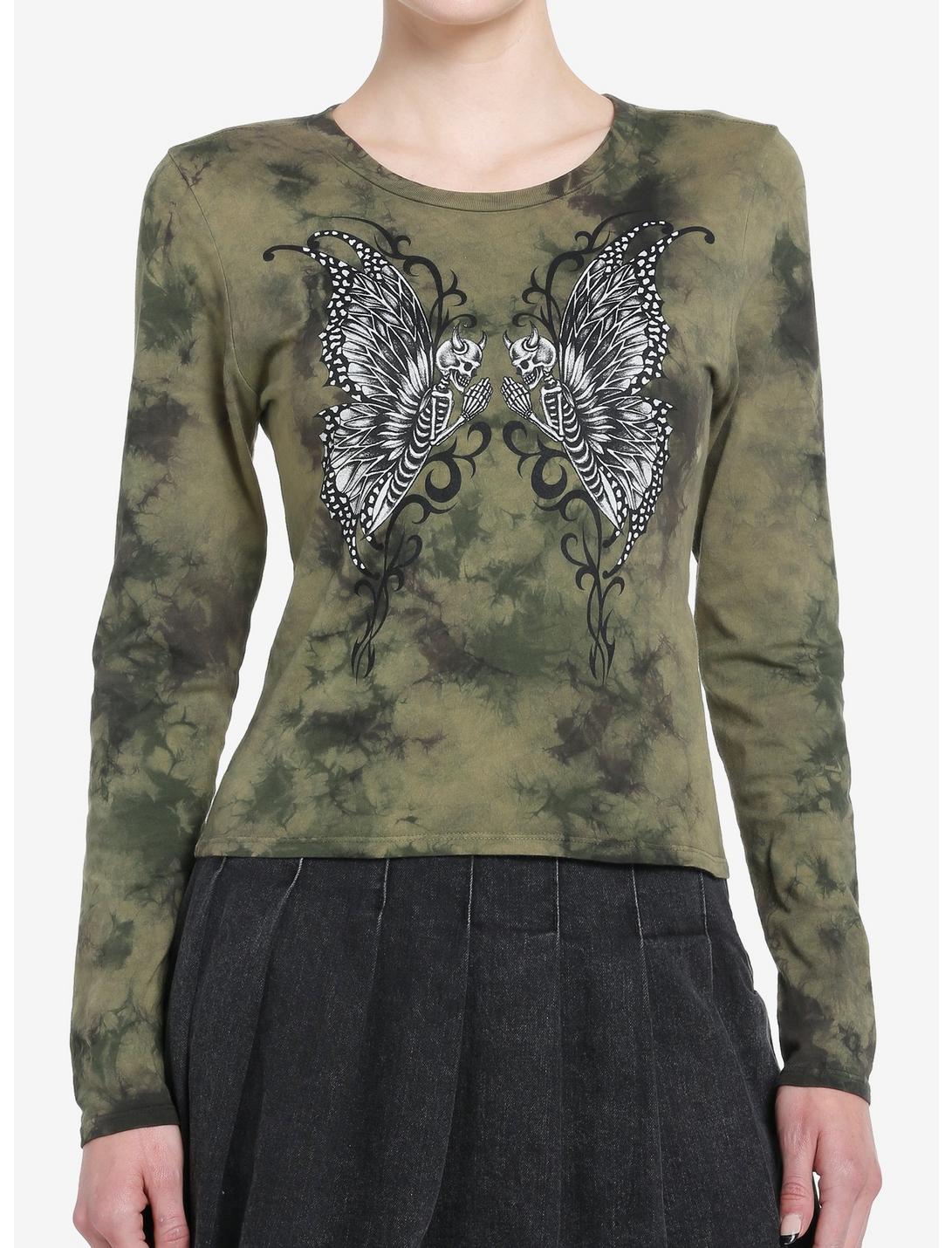 Thorn & Fable Skeleton Fairy Green Wash Girls Long-Sleeve T-Shirt, OLIVE, hi-res