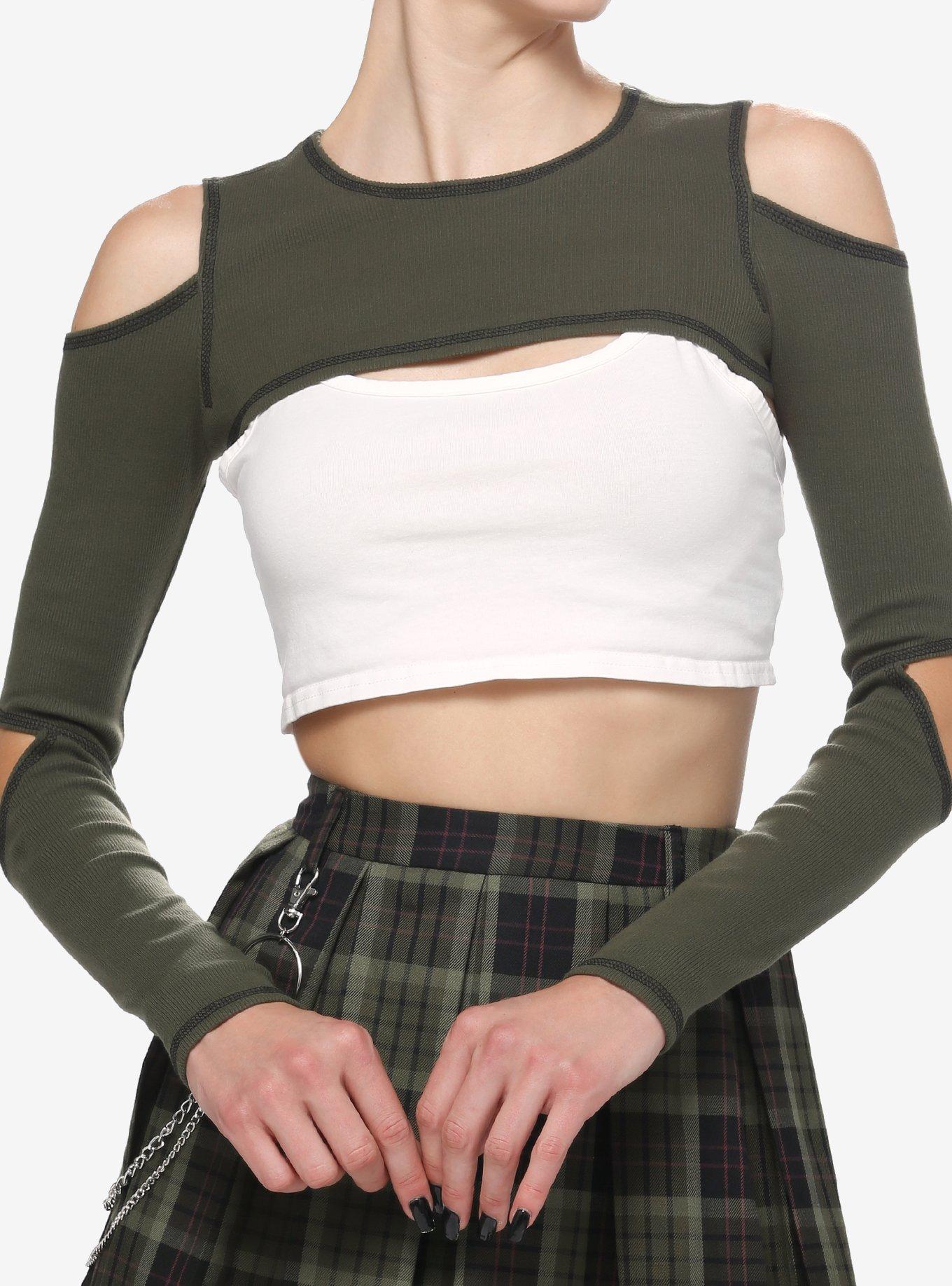 Olive Cold Shoulder Cutout Girls Crop Shrug, MULTI, hi-res