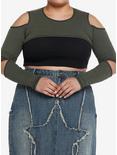 Olive Cold Shoulder Cutout Girls Crop Shrug Plus Size, MULTI, hi-res