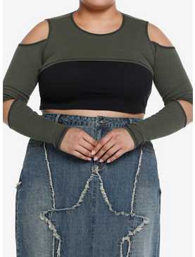 Olive Cold Shoulder Cutout Girls Crop Shrug Plus Size, , hi-res