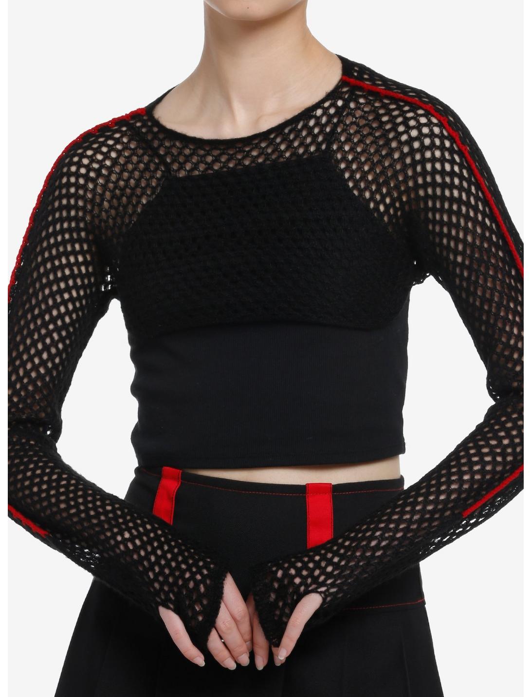 Black & Red Stripe Knit Girls Crop Shrug, BLACK, hi-res