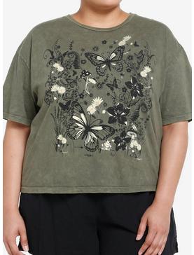 Thorn & Fable Butterfly Forest Green Wash Girls Crop T-Shirt Plus Size, , hi-res