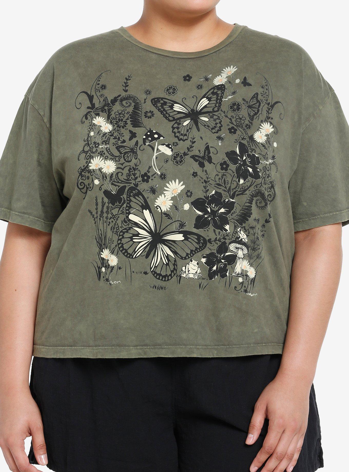 Thorn & Fable Butterfly Forest Green Wash Girls Crop T-Shirt Plus Size, OLIVE, hi-res