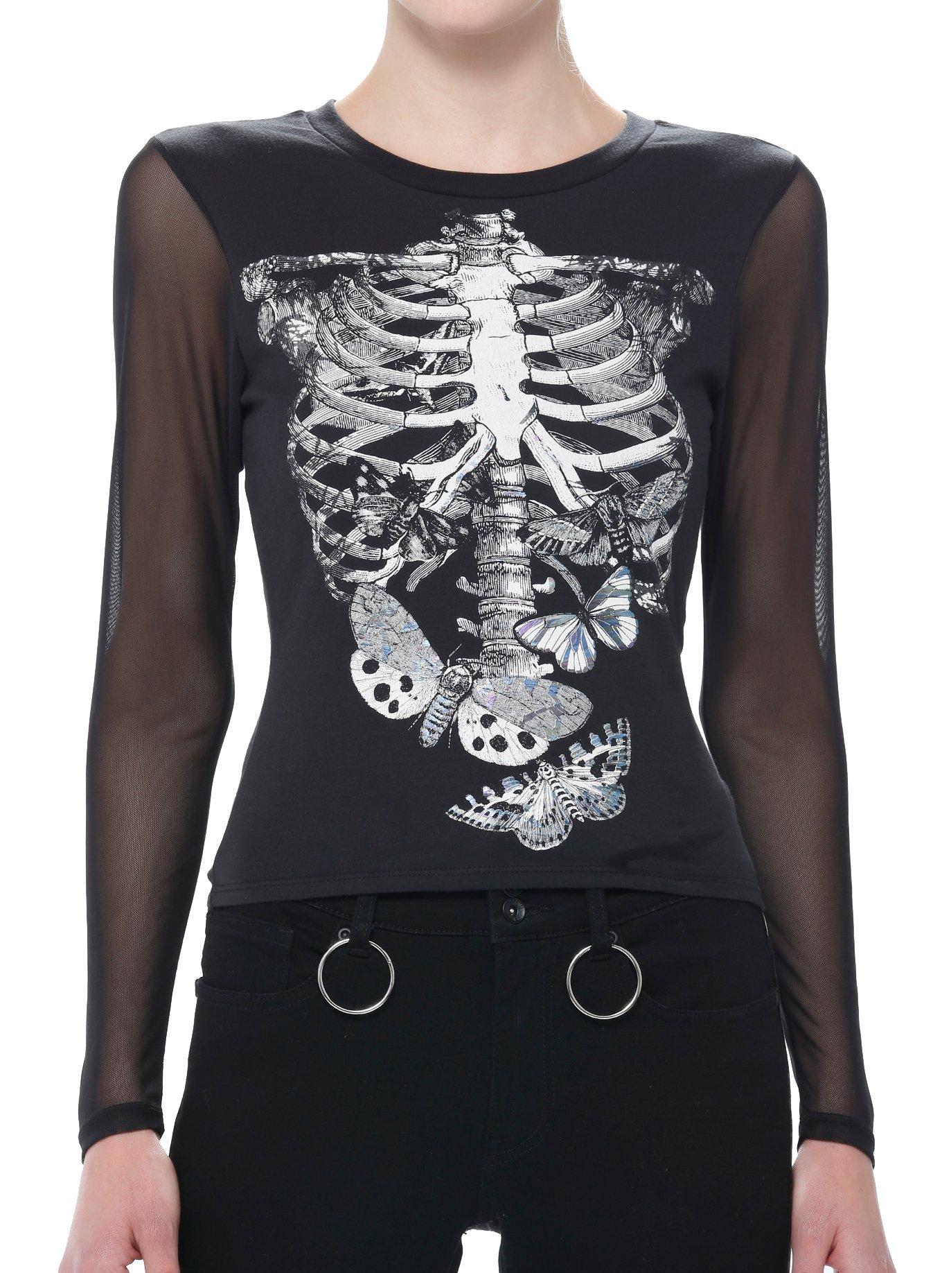 【Raucohouse】Ithea snap mesh tee Social Collision Moth Rib Cage Mesh Girls Long-Sleeve T