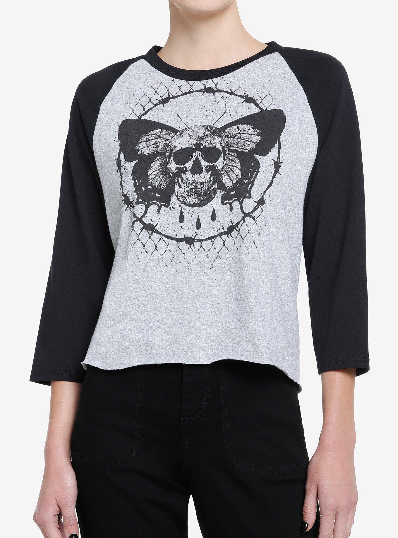 Social Collision Skull Butterfly Girls Raglan T-Shirt, GREY, hi-res