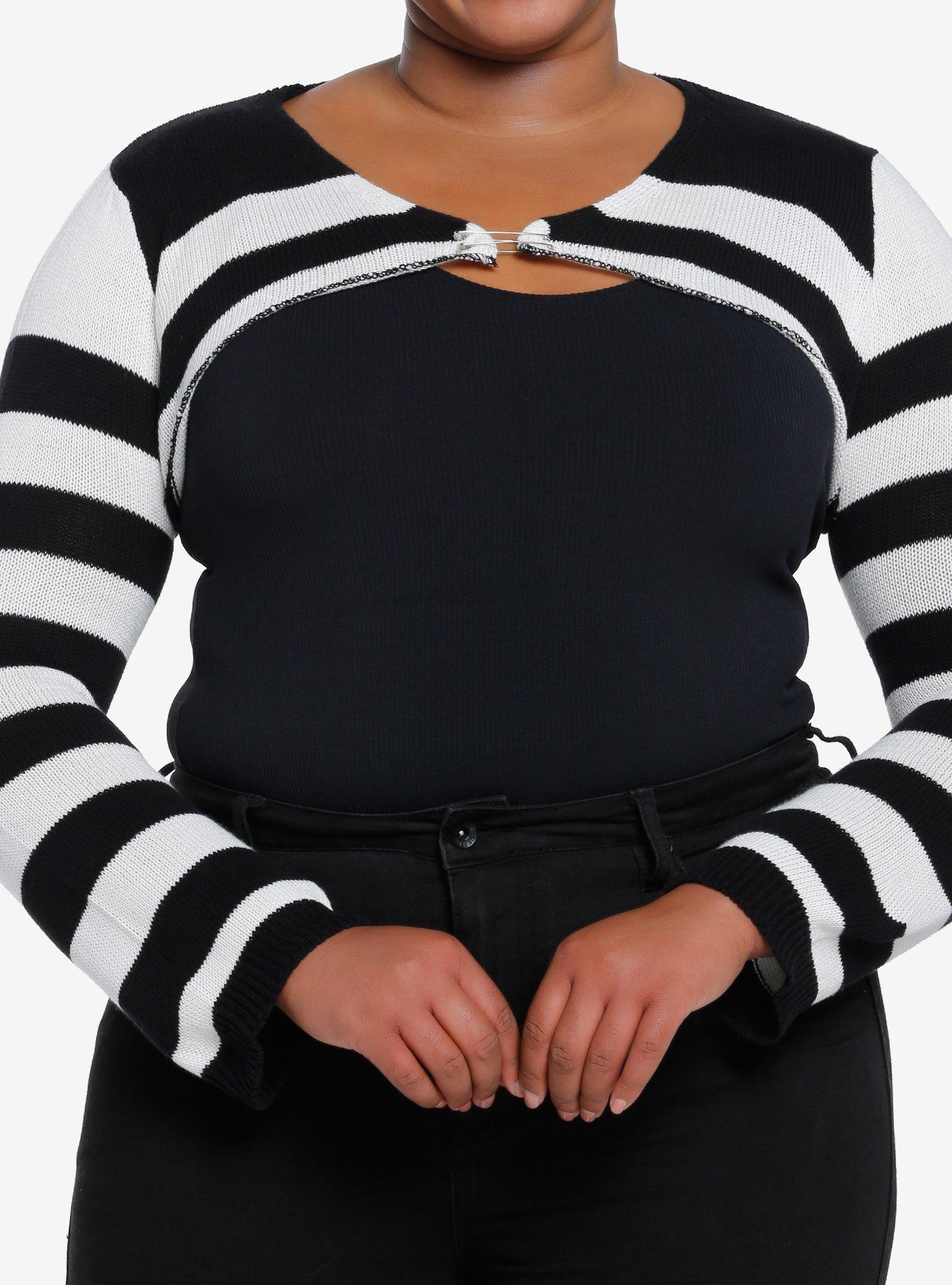Black & White Stripe Girls Crop Shrug Plus Size, STRIPES, hi-res