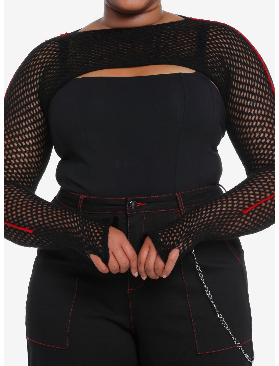 Black & Red Stripe Knit Girls Crop Shrug Plus Size, BLACK, hi-res