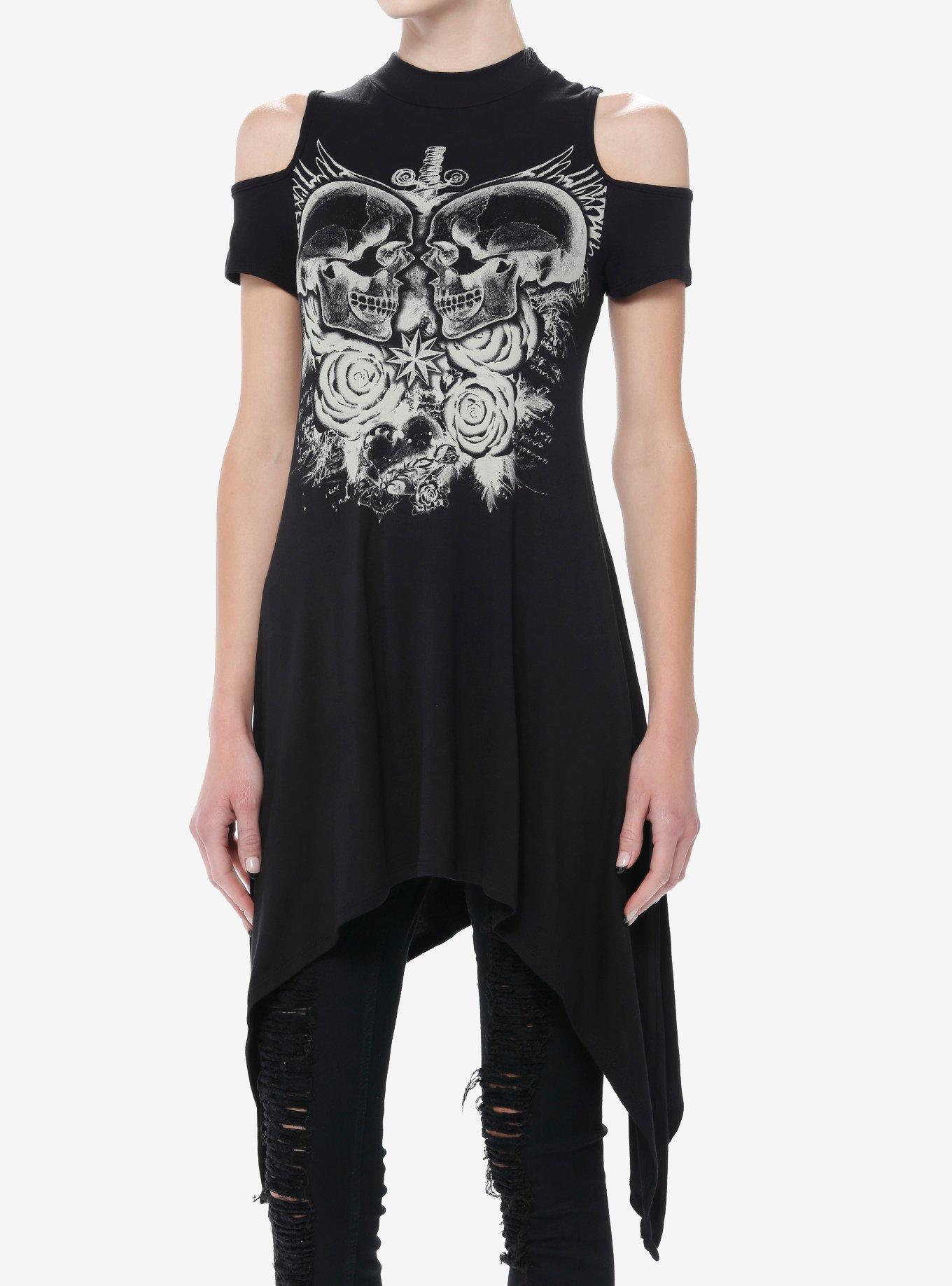 Social Collision Two Skulls Girls Cold Shoulder Tunic Top, BLACK, hi-res