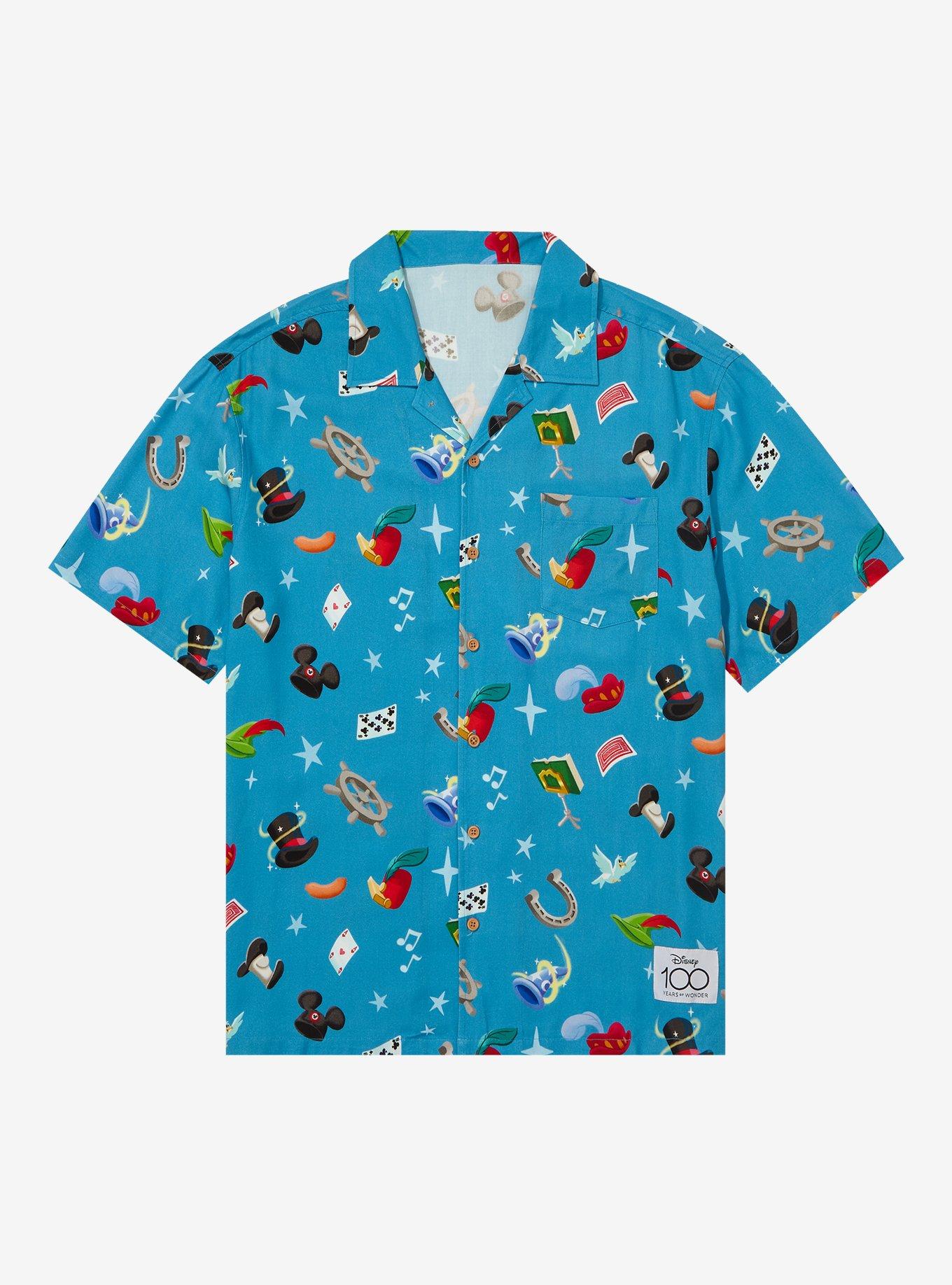 Disney 100 Character Icons Allover Print Woven Button-Up - BoxLunch Exclusive, BLUE, hi-res
