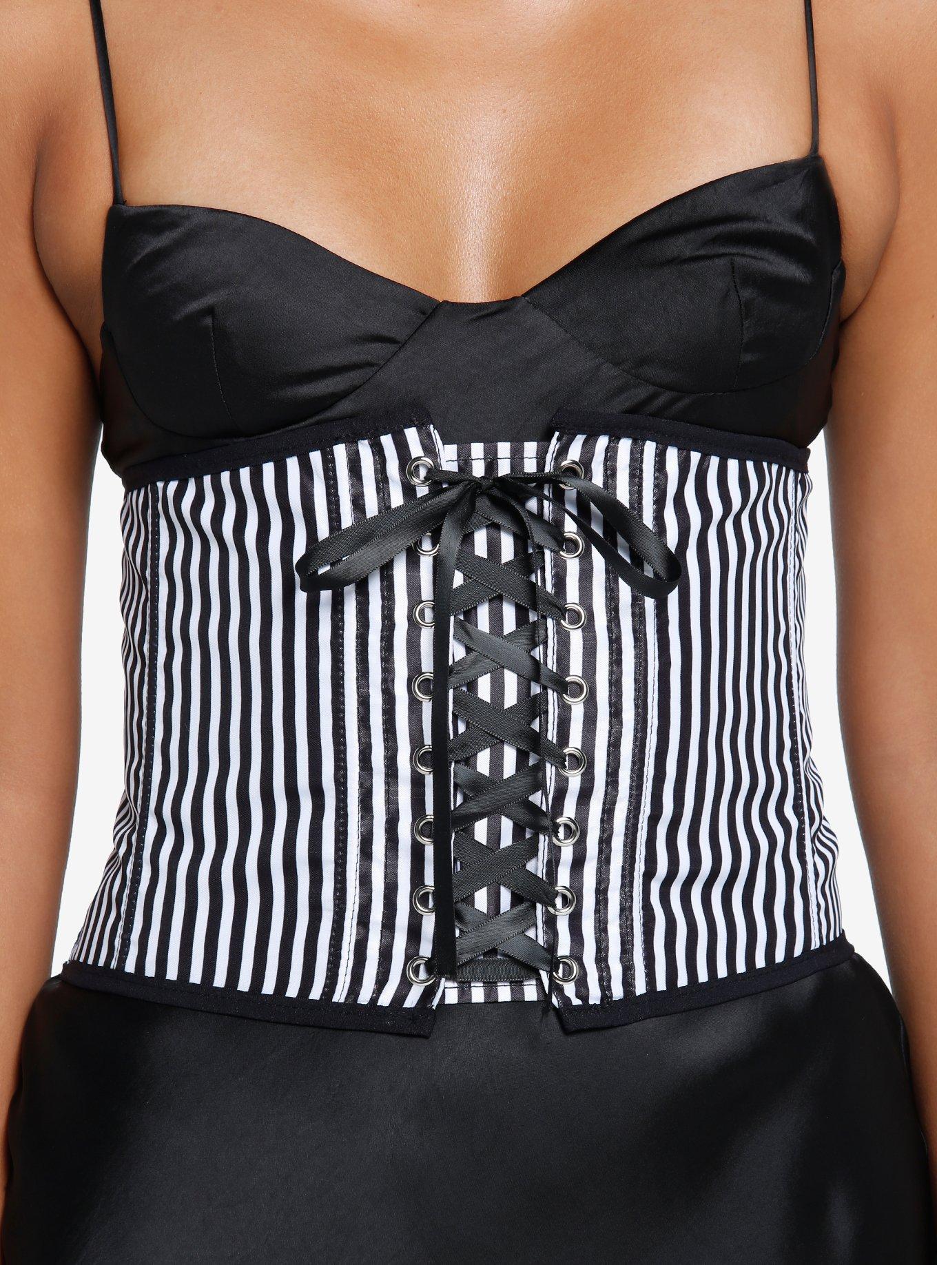 Black & White Pinstripe Lace-Up Corset, MULTI, hi-res