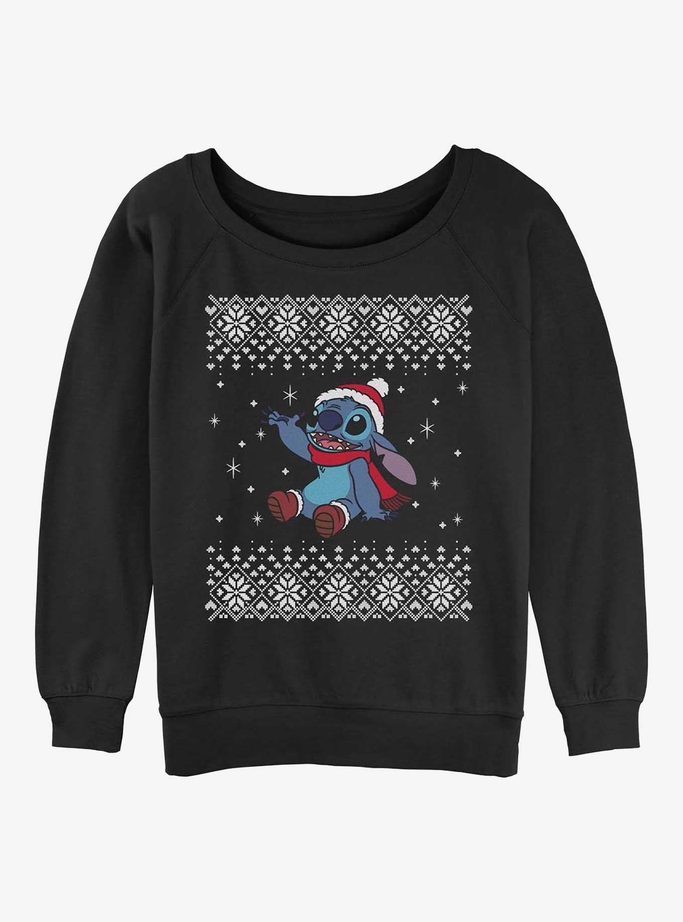 Disney Lilo & Stitch Snow Day Ugly Christmas Womens Slouchy Sweatshirt, BLACK, hi-res