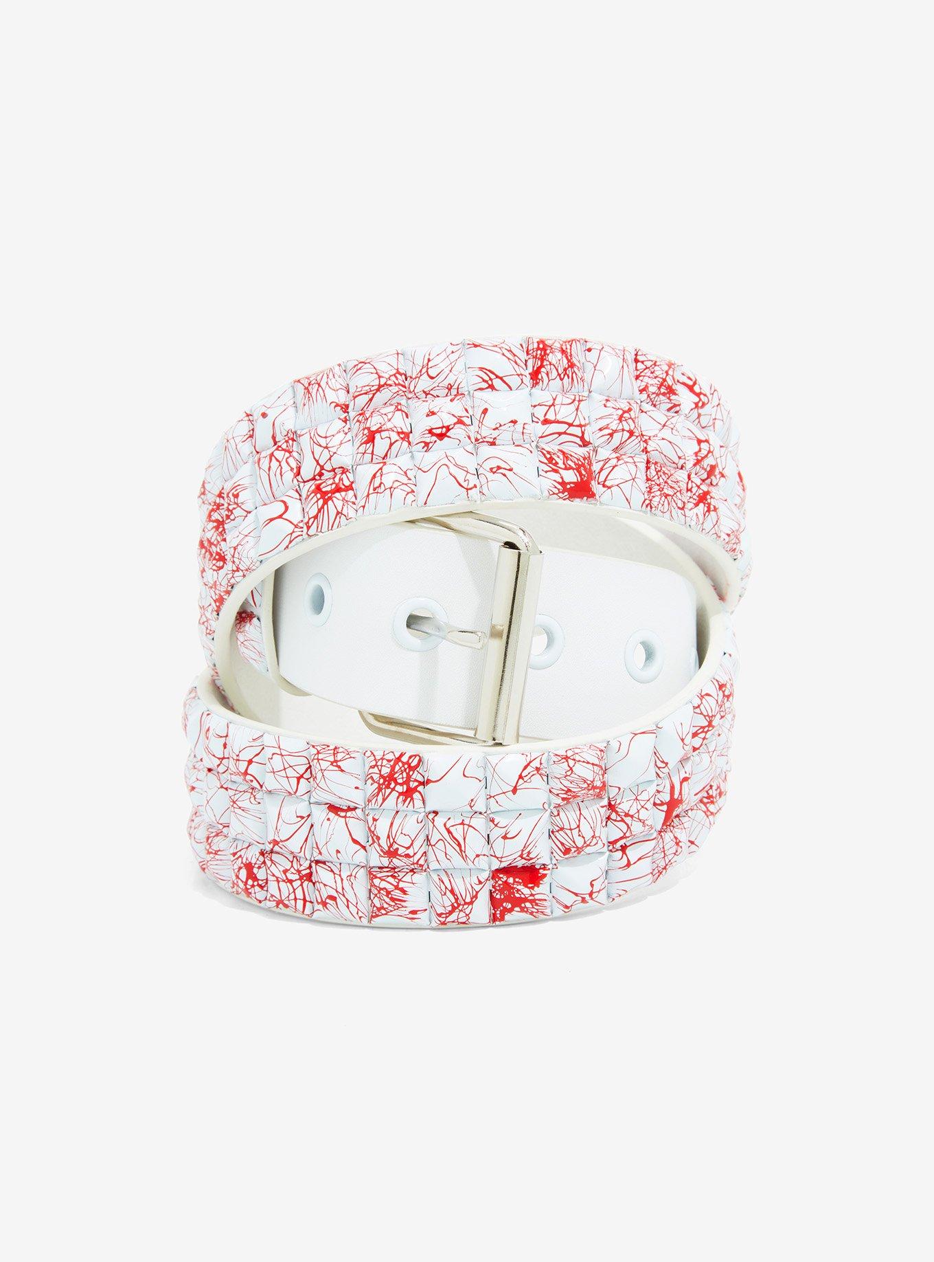 White & Red Splatter Three Row Pyramid Stud Belt, MULTI, hi-res