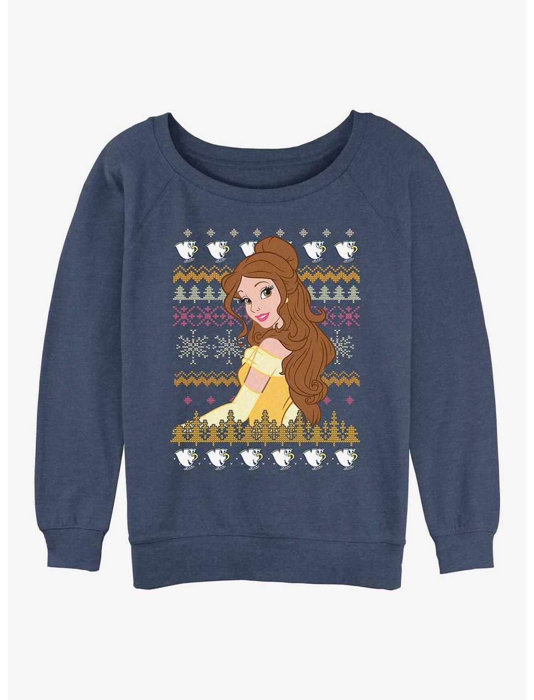 Disney Princesses Belle Teacups Ugly Christmas Womens Slouchy Sweatshirt, BLUEHTR, hi-res