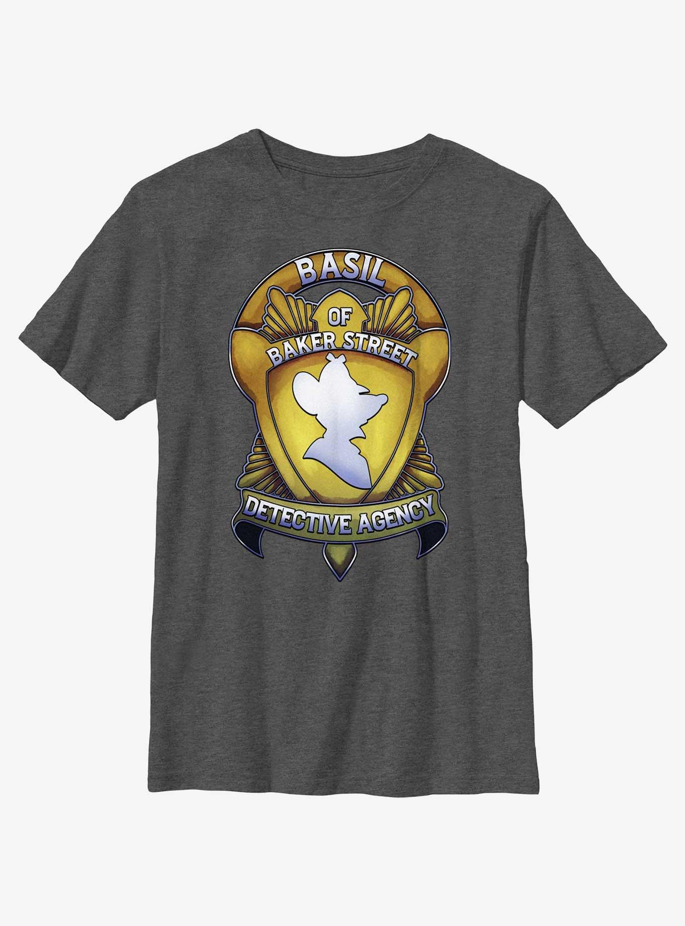 Disney The Great Mouse Detective Basil Badge Youth T-Shirt, CHAR HTR, hi-res