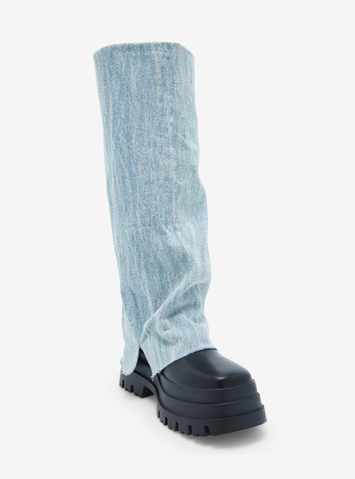 Azalea Wang Denim Leg Warmer Knee-High Combat Boot, MULTI, hi-res
