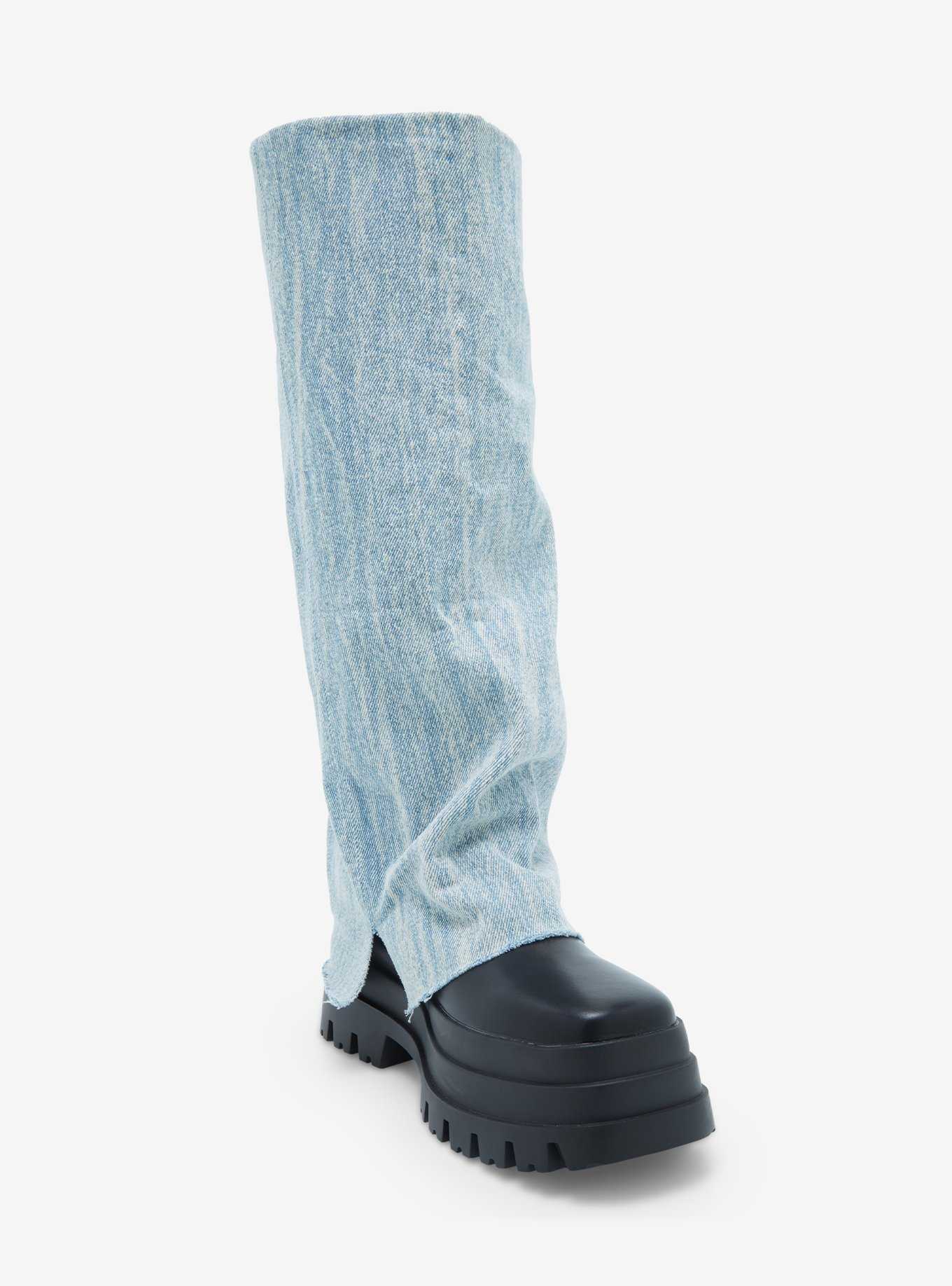 Azalea Wang Denim Leg Warmer Knee-High Combat Boot, , hi-res