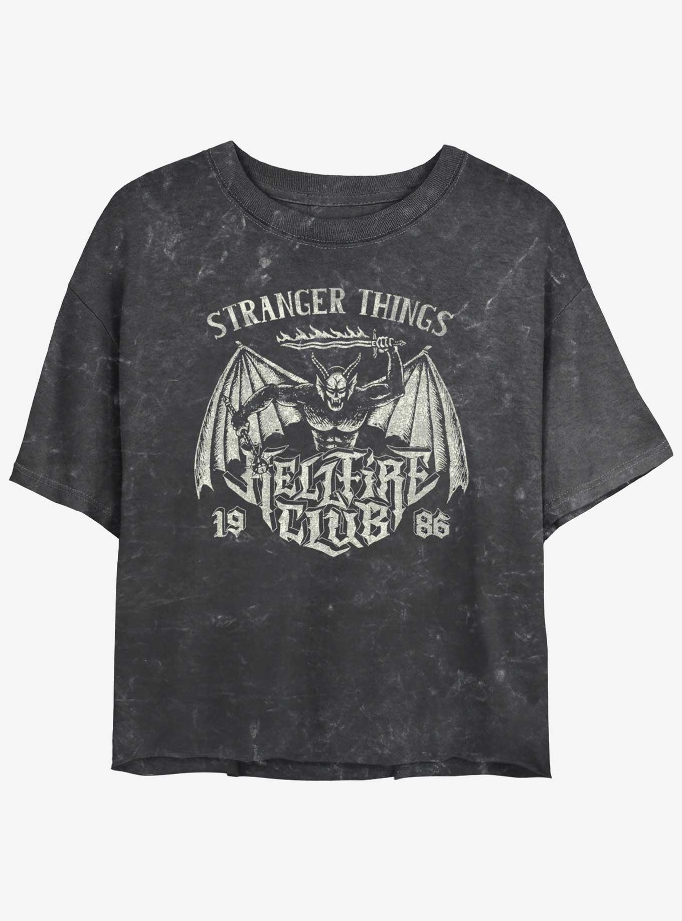 Stranger Things Hellfire Club Metal Band Mineral Wash Womens Crop T-Shirt, BLACK, hi-res