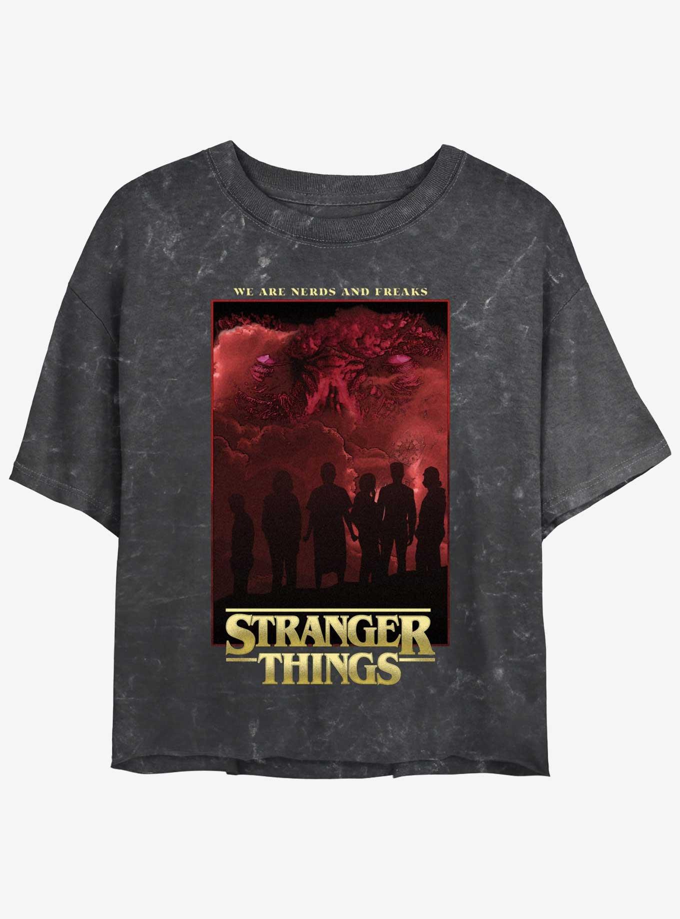 Stranger Things Nerds And Freaks Mineral Wash Womens Crop T-Shirt, BLACK, hi-res