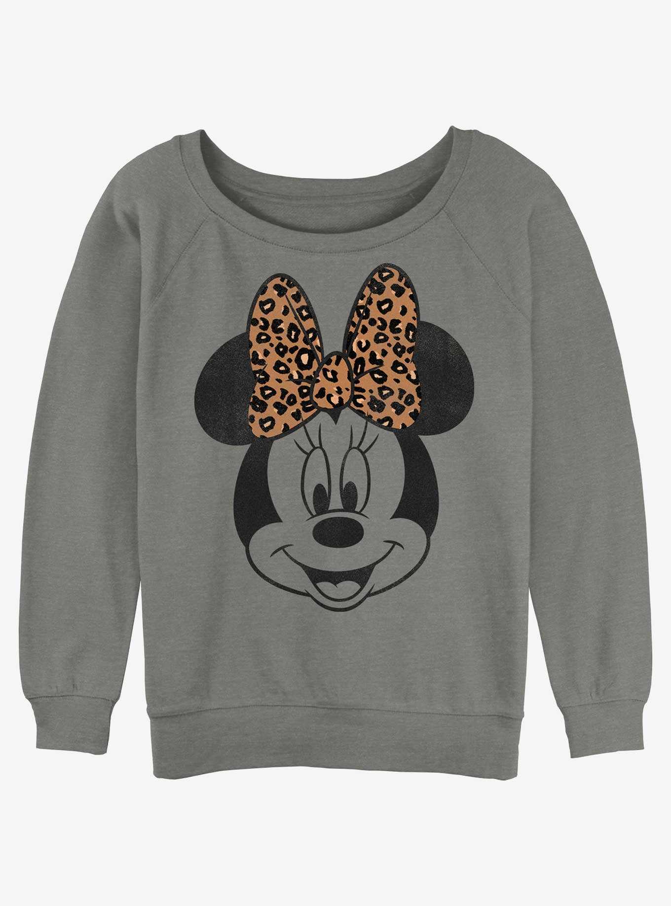 Disney Minnie Mouse Leopard Bow Womens Slouchy Sweatshirt GREY