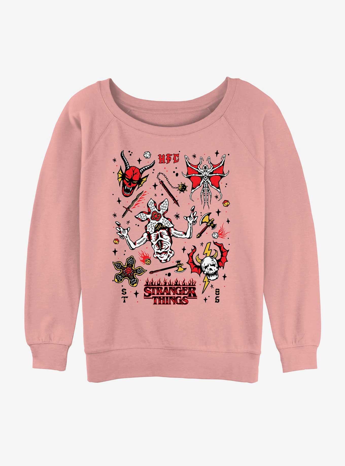 Stranger Things Hellfire Club Doodles Womens Slouchy Sweatshirt, DESERTPNK, hi-res