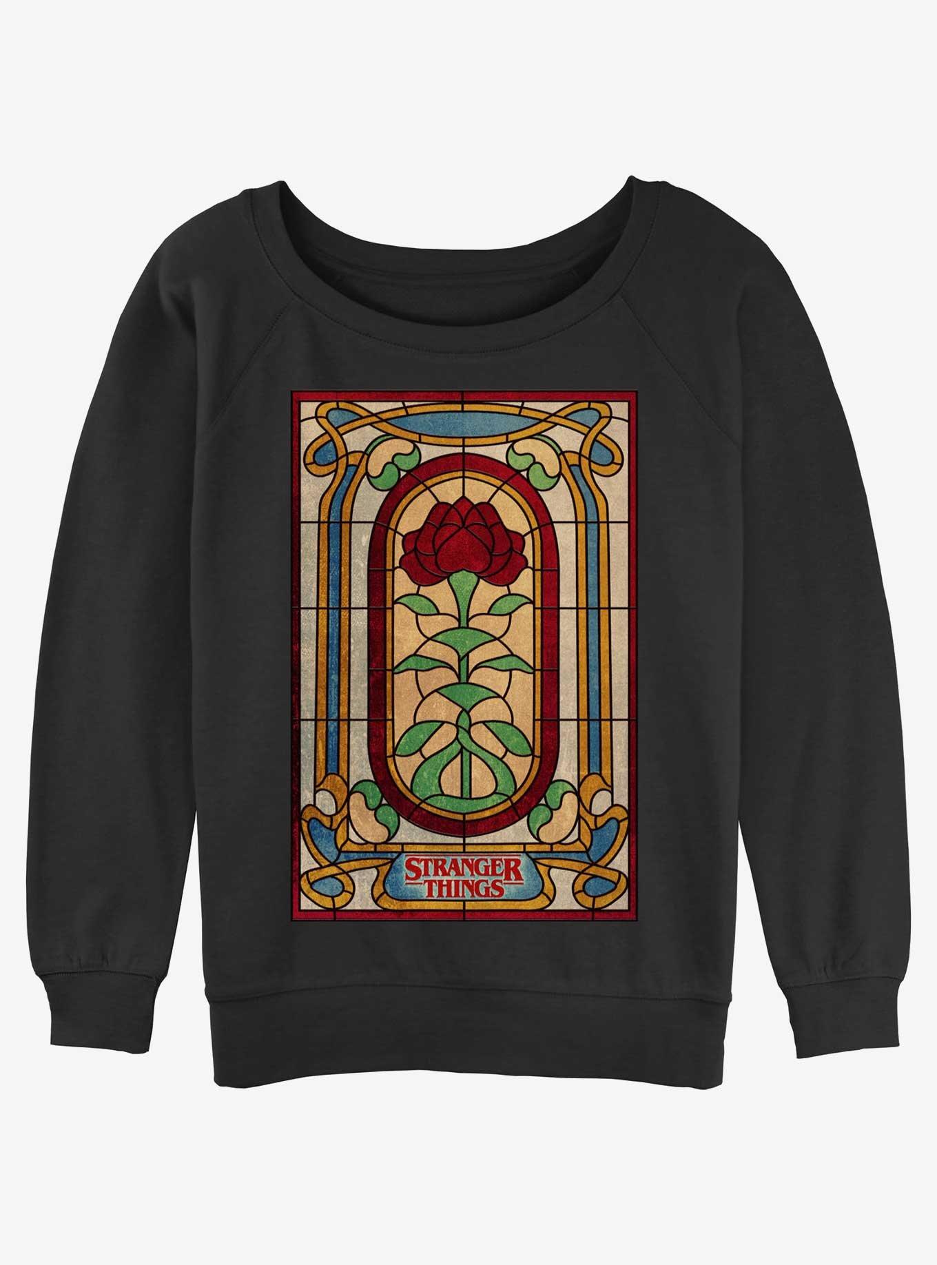 Stranger Things Stained Glass Rose Womens Slouchy Sweatshirt, BLACK, hi-res