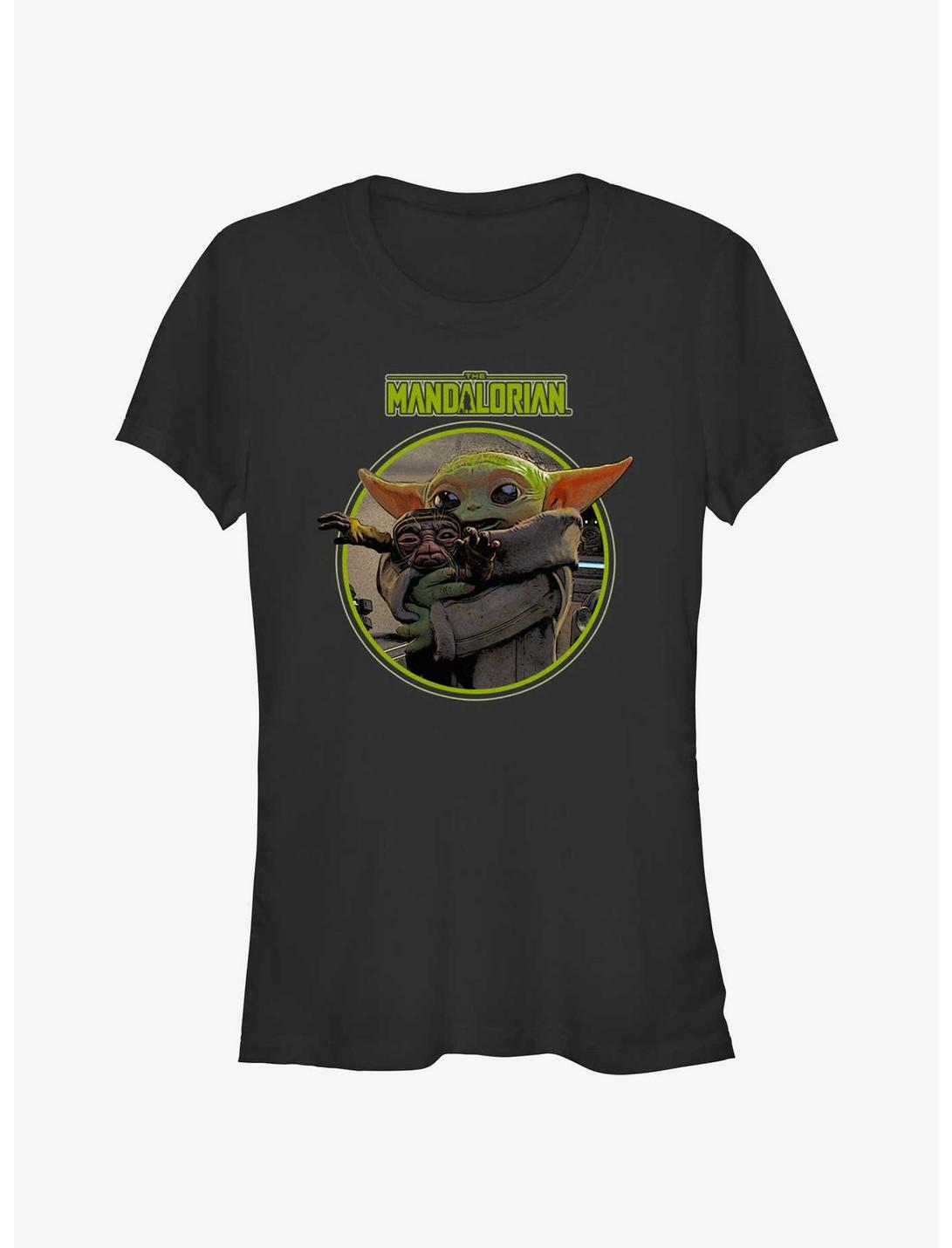 Star Wars The Mandalorian Grogu Hugging An Anzellan Girls T-Shirt Hot Topic Web Exclusive, BLACK, hi-res
