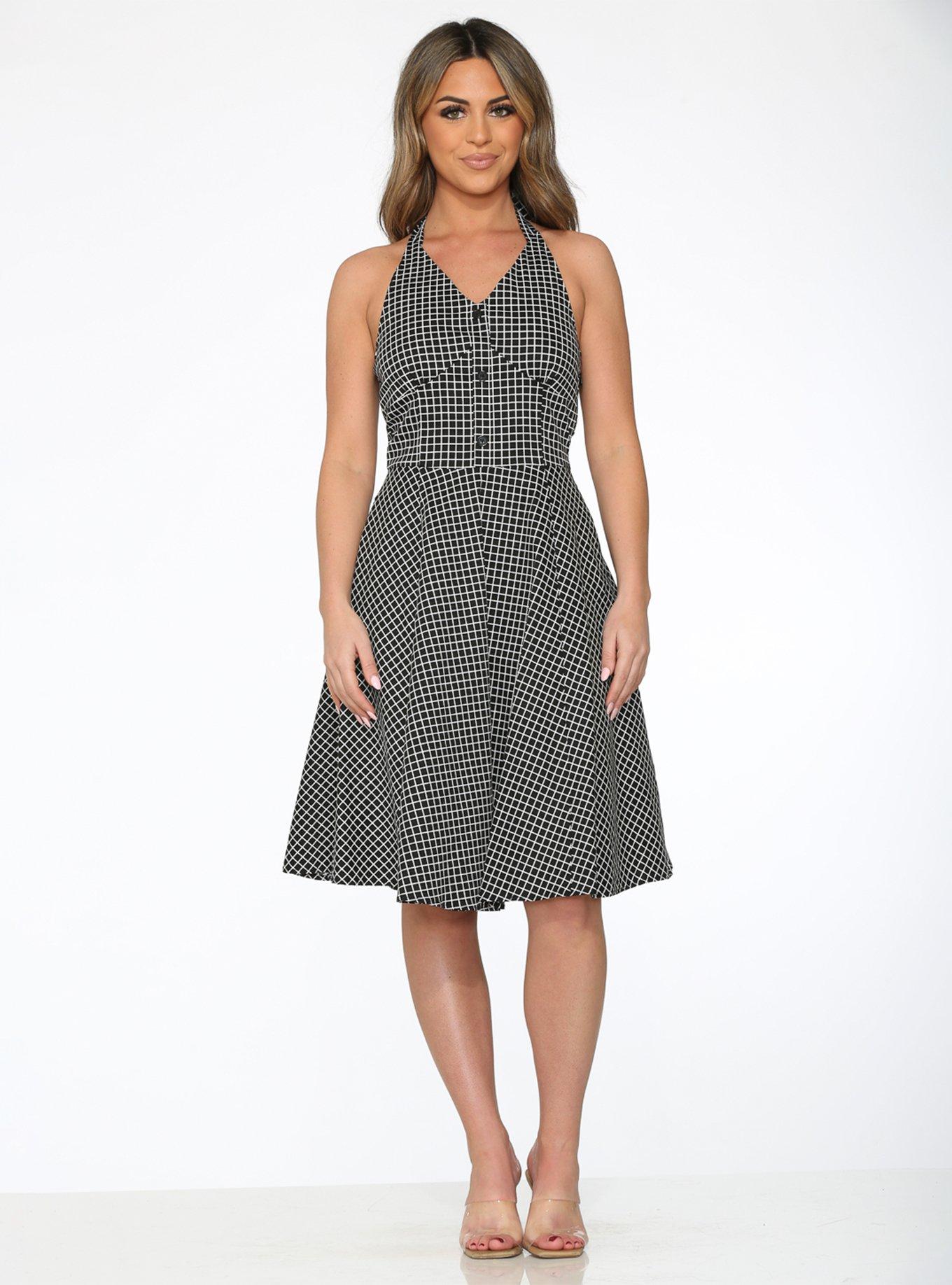 Black White Gingham Halter Dress, BLACK-WHITE, hi-res