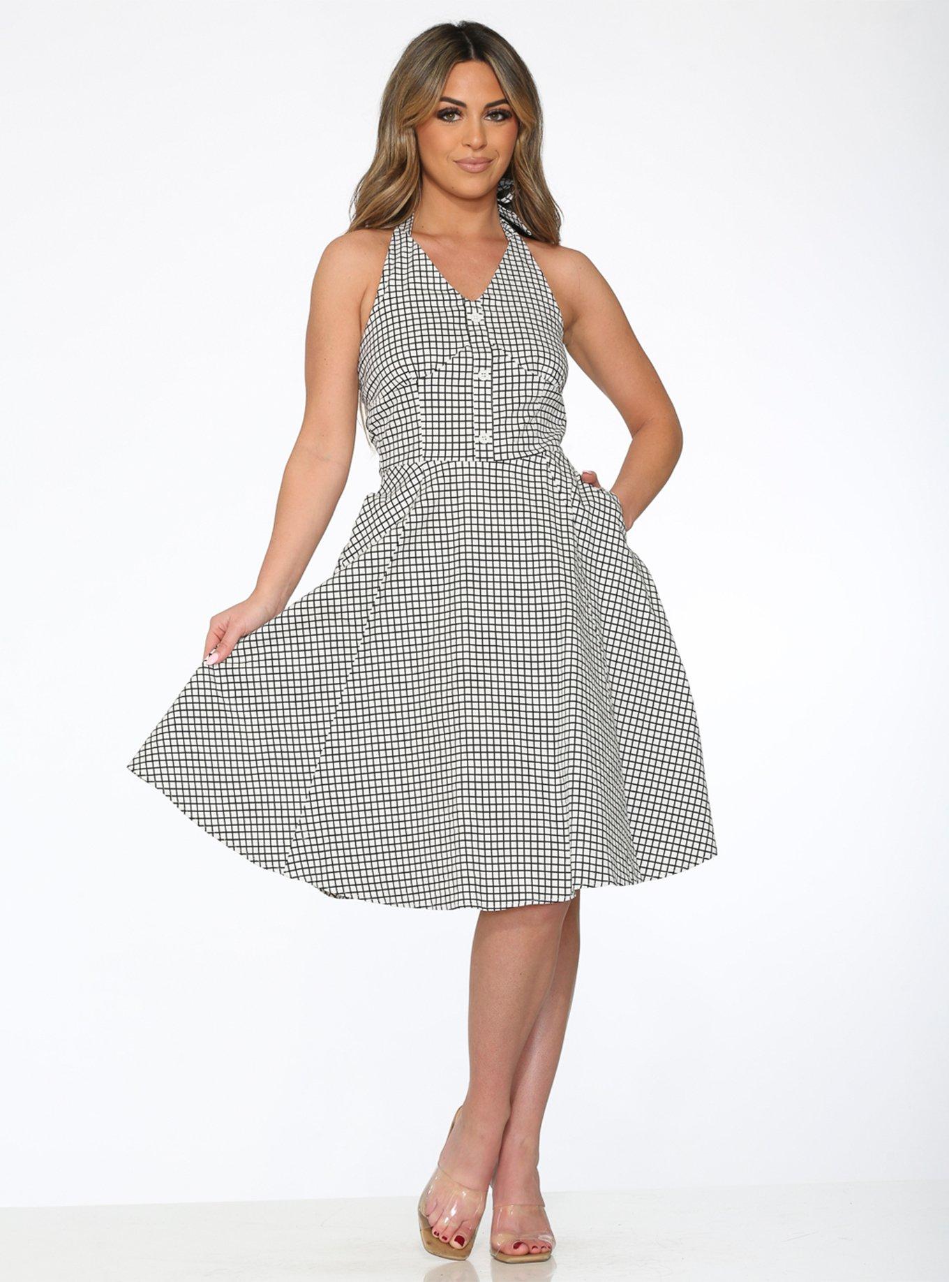 White Black Gingham Halter Dress, BLACK-WHITE, hi-res