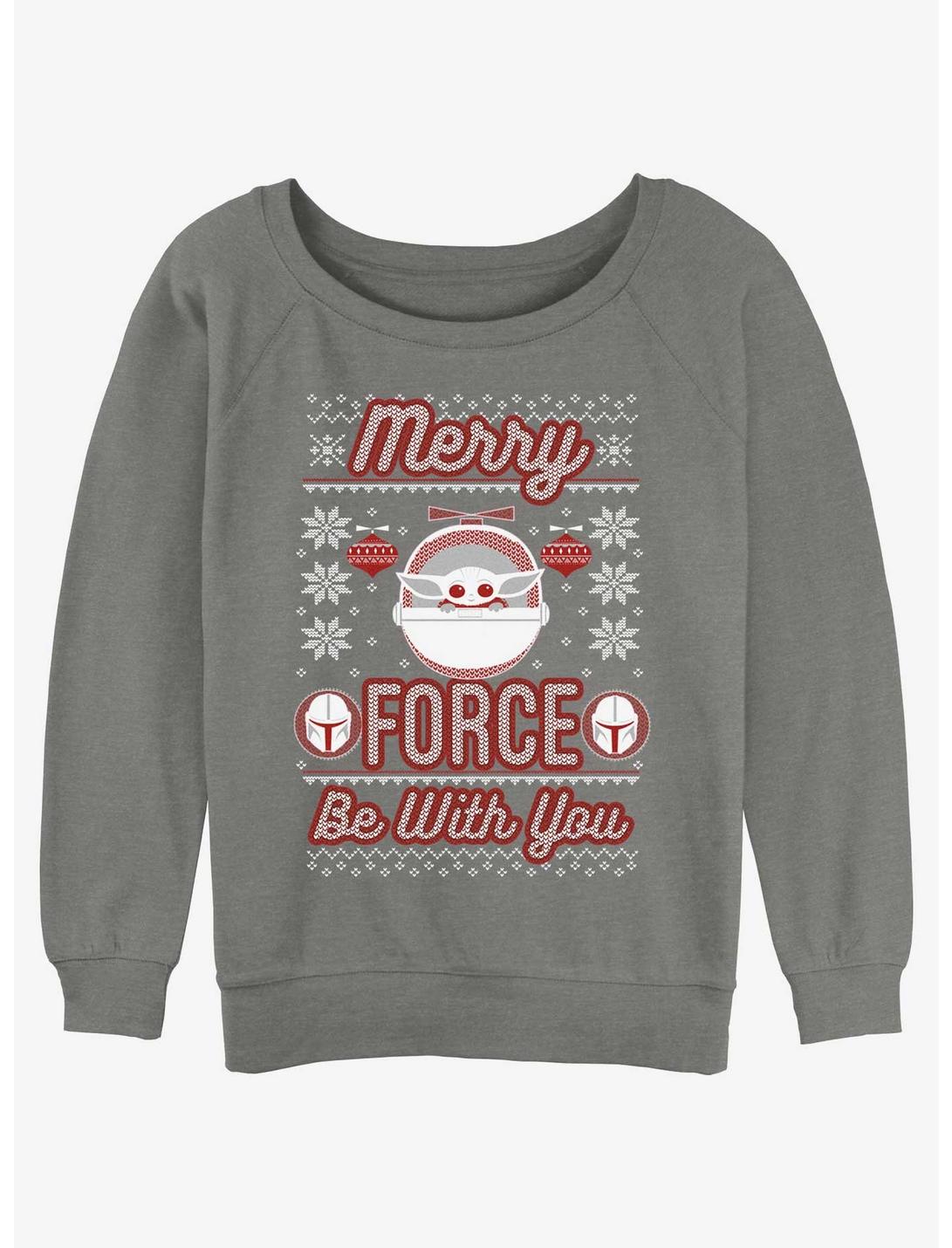 Star Wars The Mandalorian Merry Force Ugly Christmas Womens Slouchy Sweatshirt, GRAY HTR, hi-res