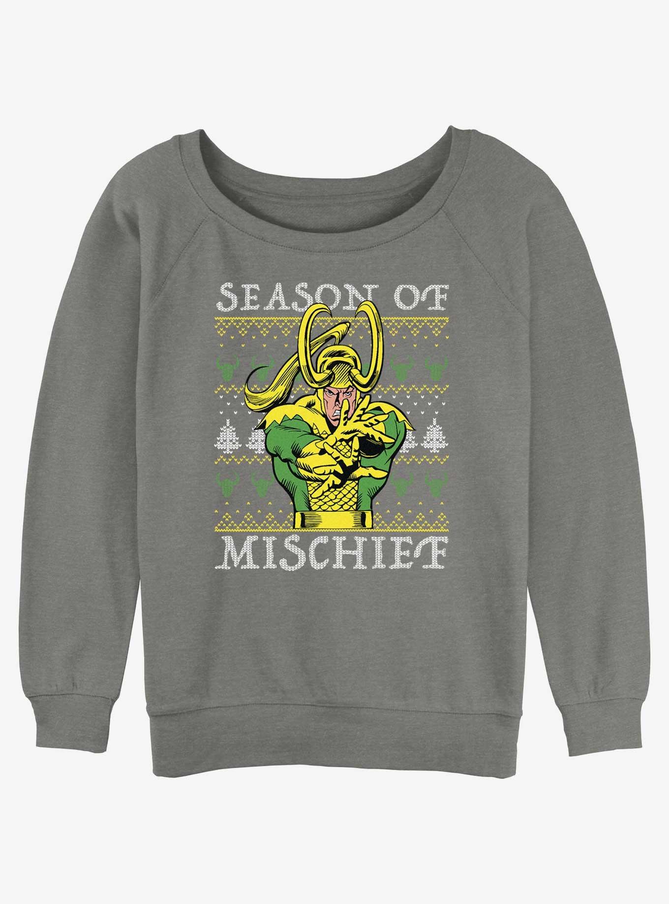 Marvel Loki Mischief Season Ugly Christmas Womens Slouchy Sweatshirt, GRAY HTR, hi-res