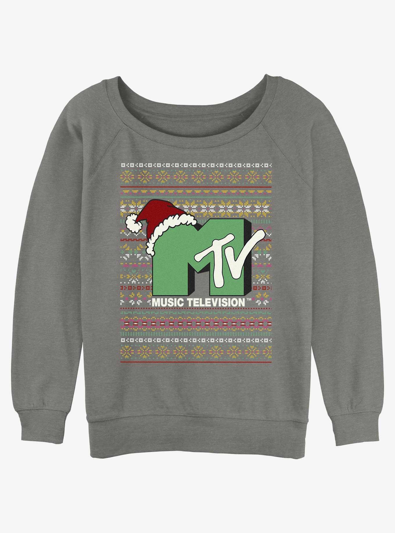 MTV Logo Ugly Christmas Womens Slouchy Sweatshirt, GRAY HTR, hi-res