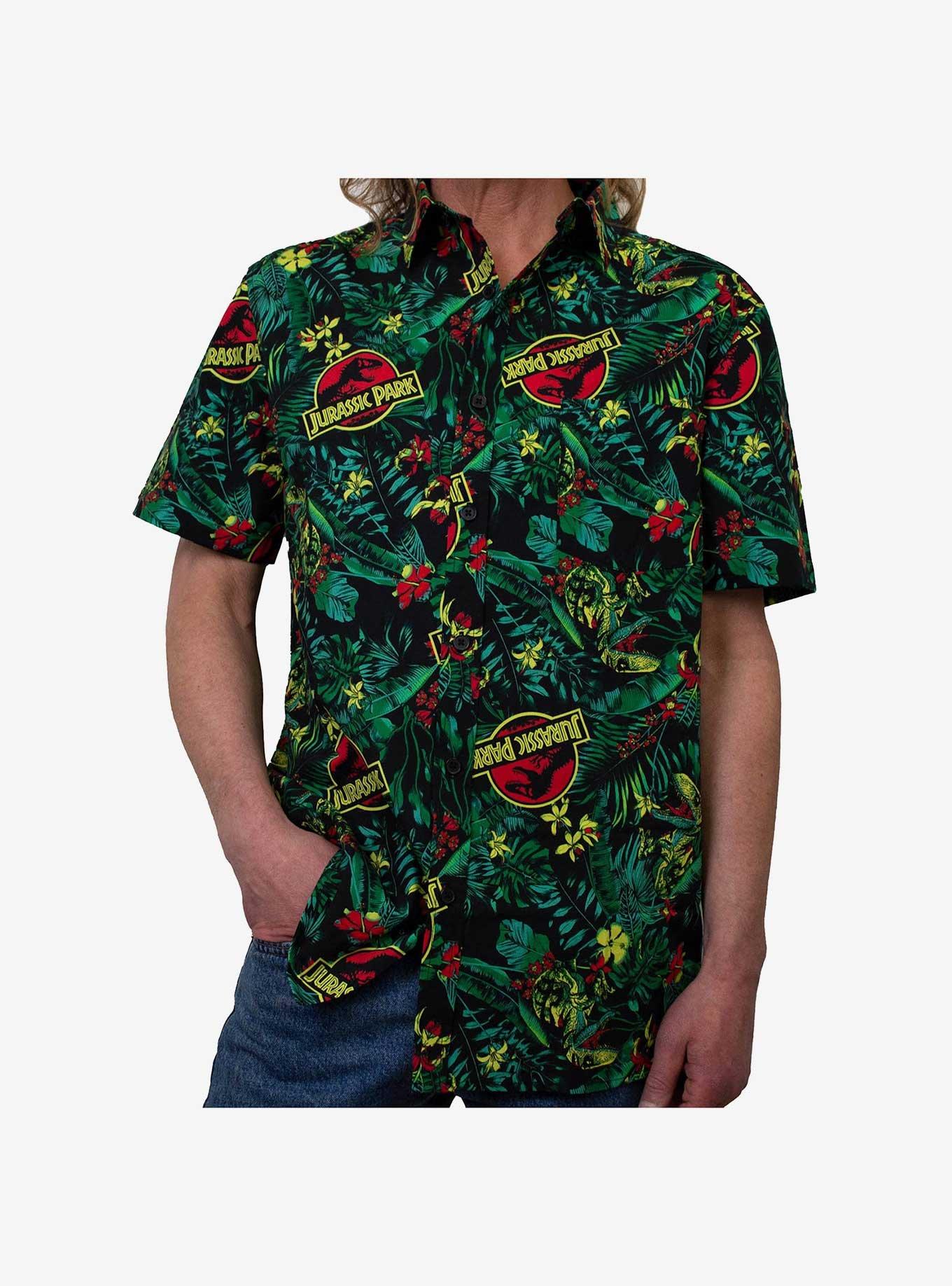 Jurassic Park Men's Velociraptor Floral Hawaiian Button Up Shirt (Large)  Black