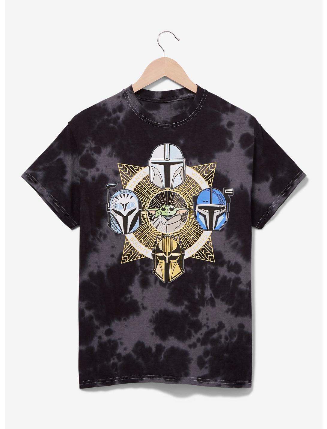 Star Wars The Mandalorian Grogu & Mandalorian Helmets Tie-Dye T-Shirt - BoxLunch Exclusive, BLACK, hi-res