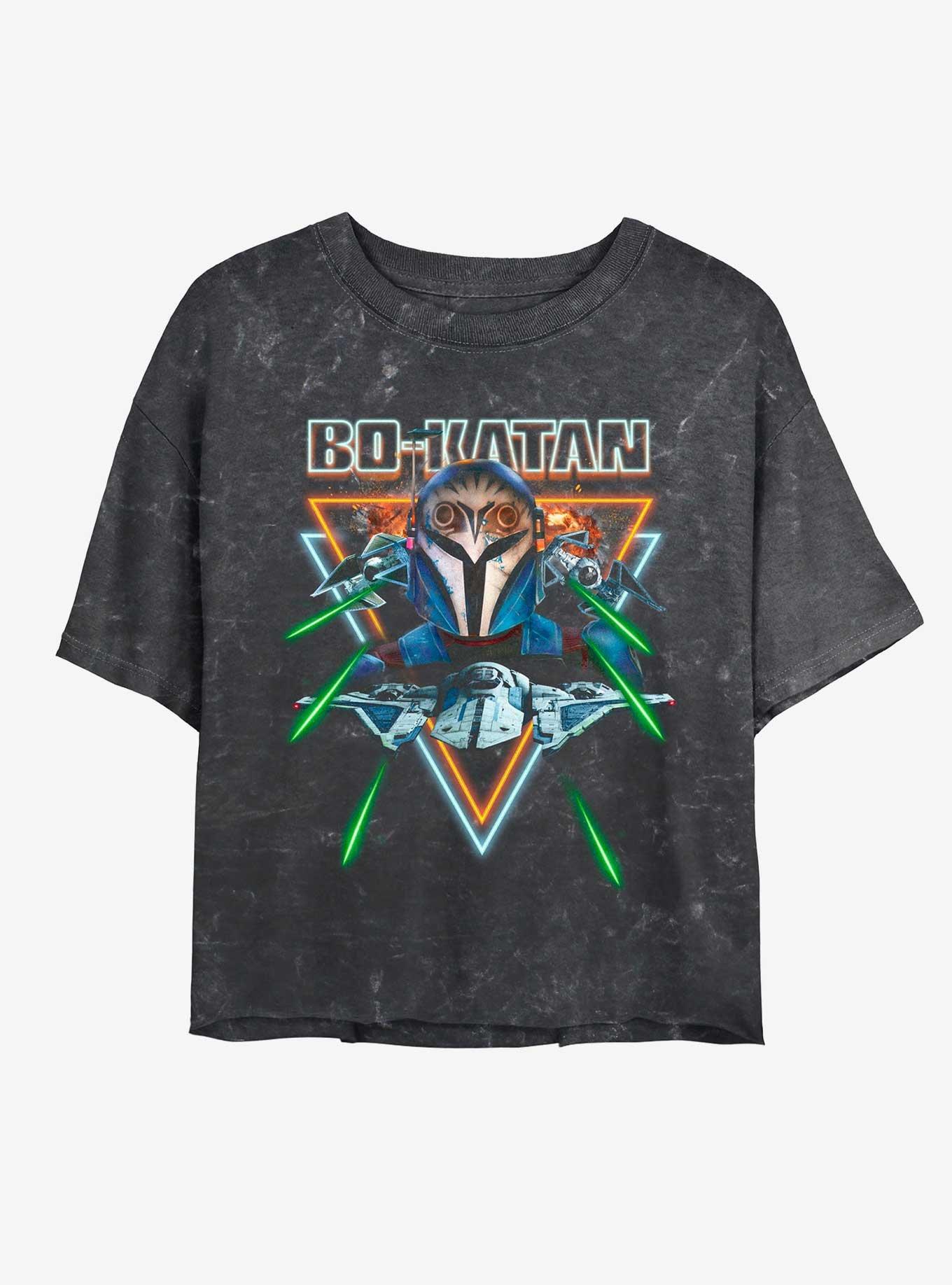 Star Wars The Mandalorian Bo-Katan Dogfight Mineral Wash Girls Crop T-Shirt, BLACK, hi-res