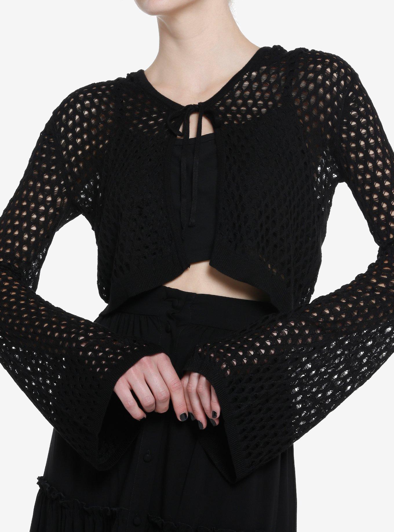 Cosmic Aura Black Open Knit Tie-Front Girls Hoodie, , hi-res