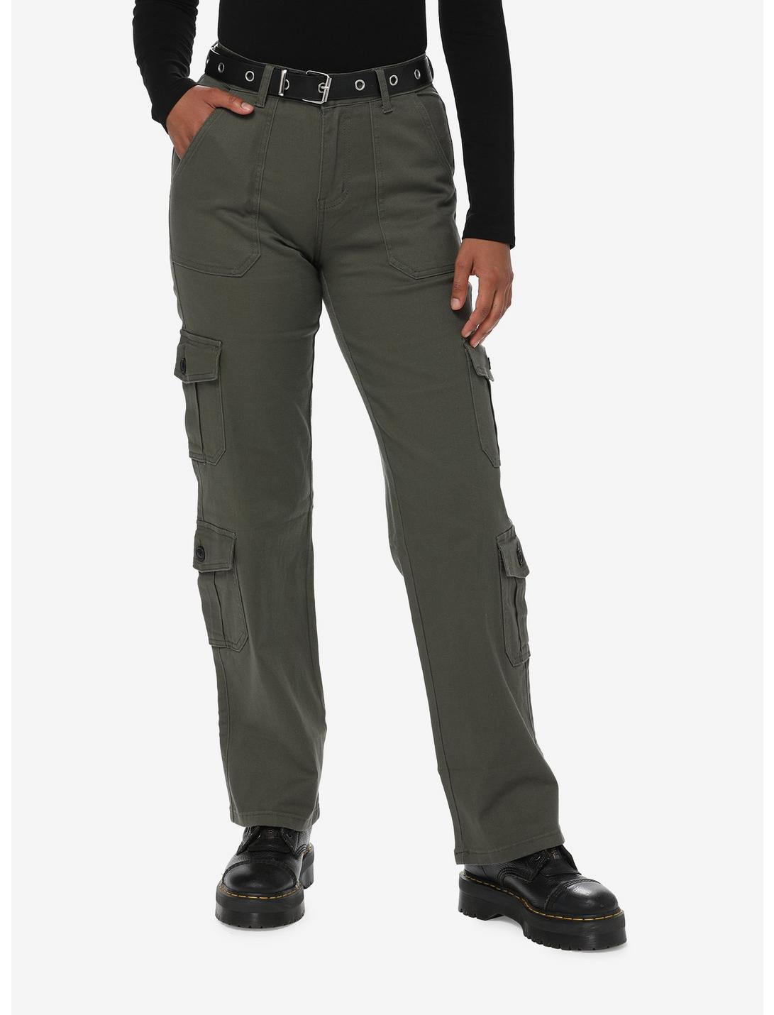 Social Collision Olive Cargo Pants With Belt, GREEN, hi-res