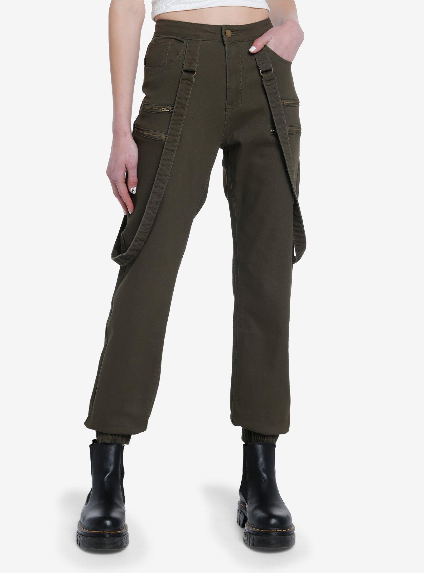 Olive Zipper Suspender Jogger Pants