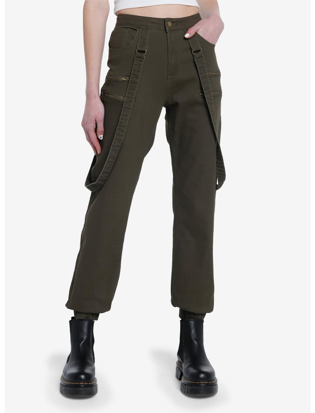 Olive Zipper Suspender Jogger Pants, OLIVE, hi-res