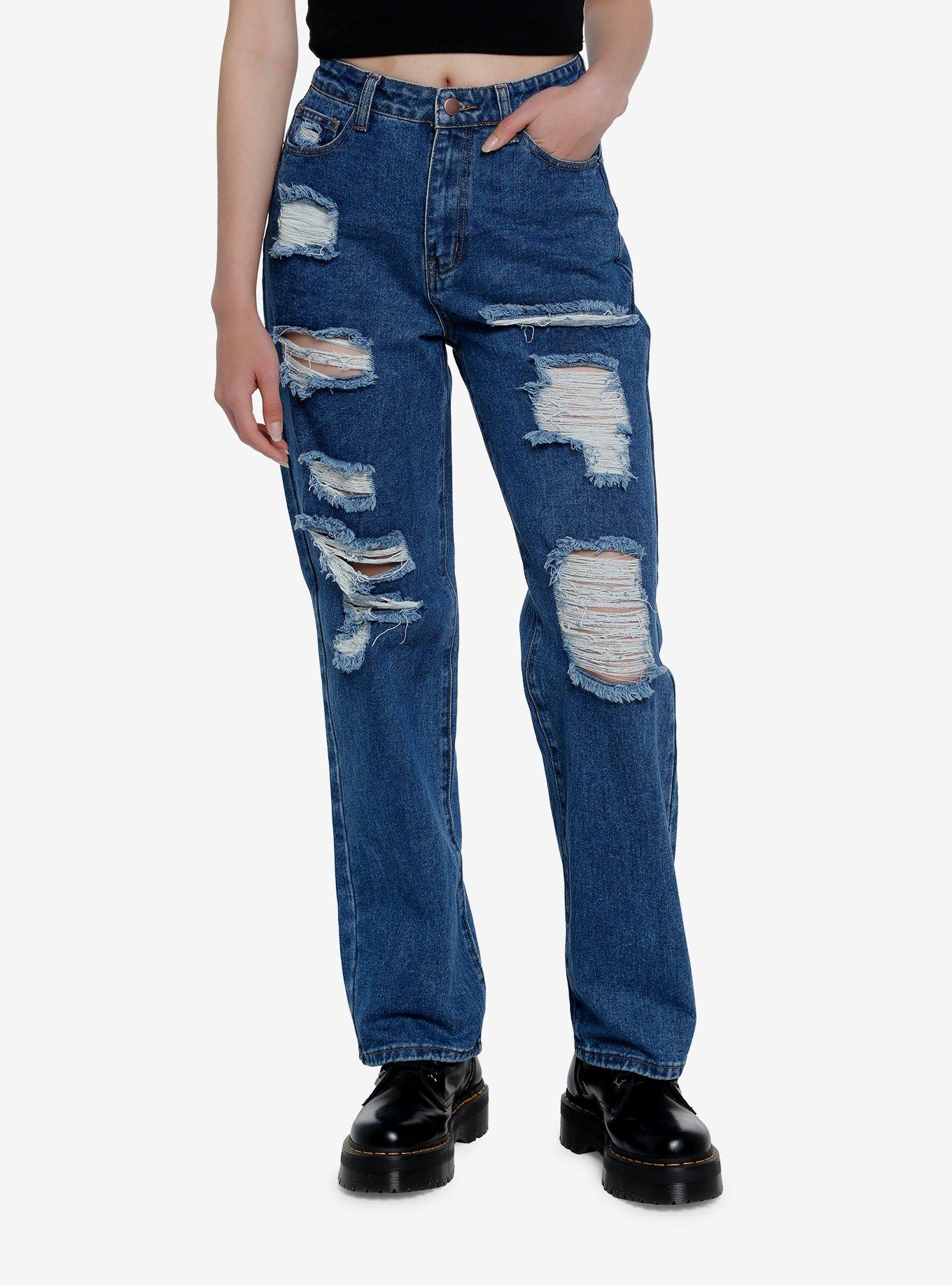 Destructed Straight Let Denim Pants, INDIGO, hi-res