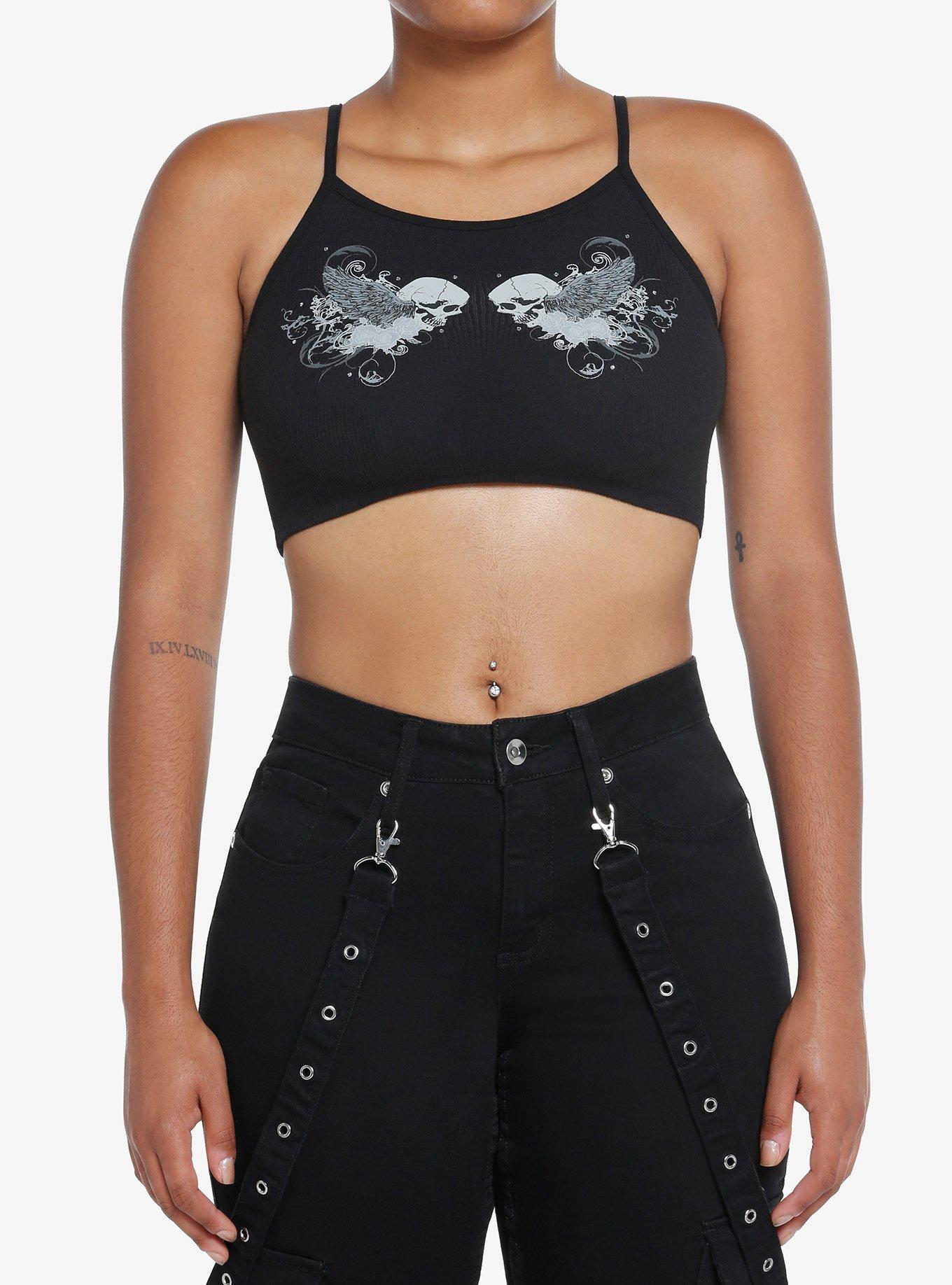Wing Skull Girls Crop Cami, BLACK, hi-res