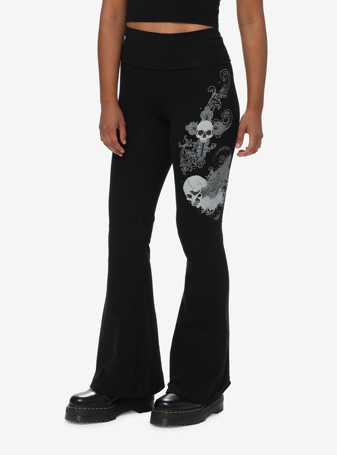 Grunge Skull Flared Leggings, BLACK, hi-res