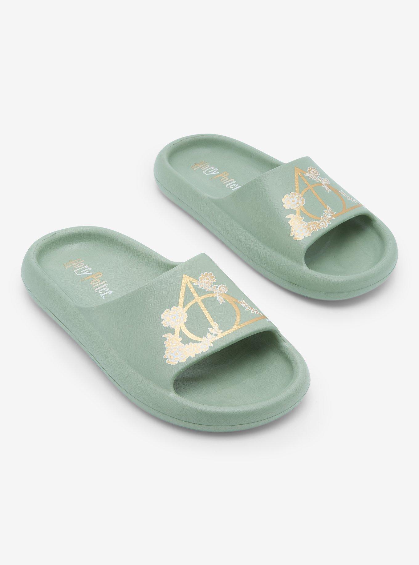 Harry Potter Floral Deathly Hallows Slide Sandals - BoxLunch Exclusive, SAGE, hi-res