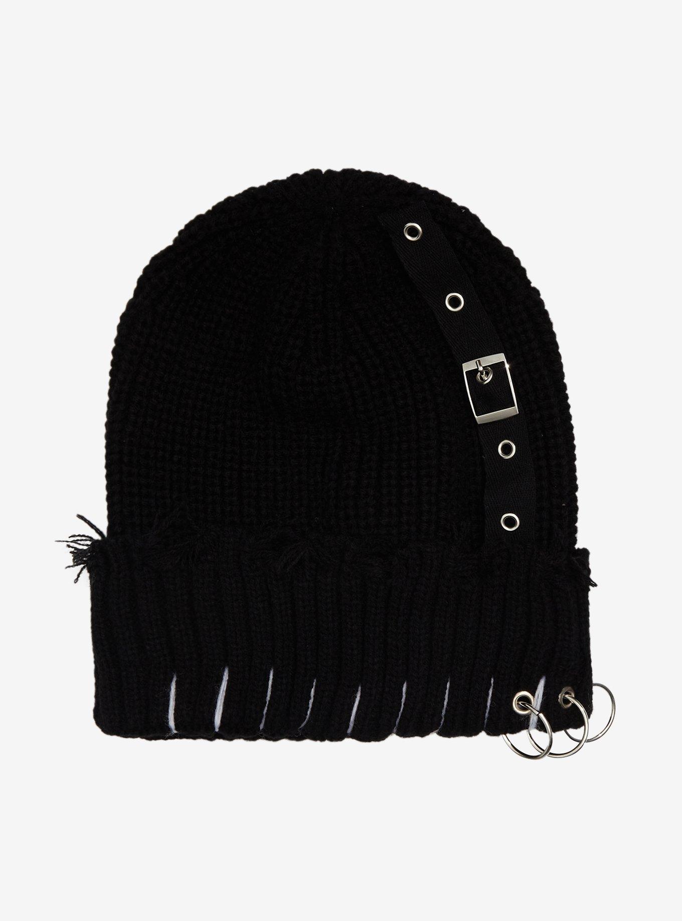 Black Buckle Pierced Beanie, , hi-res