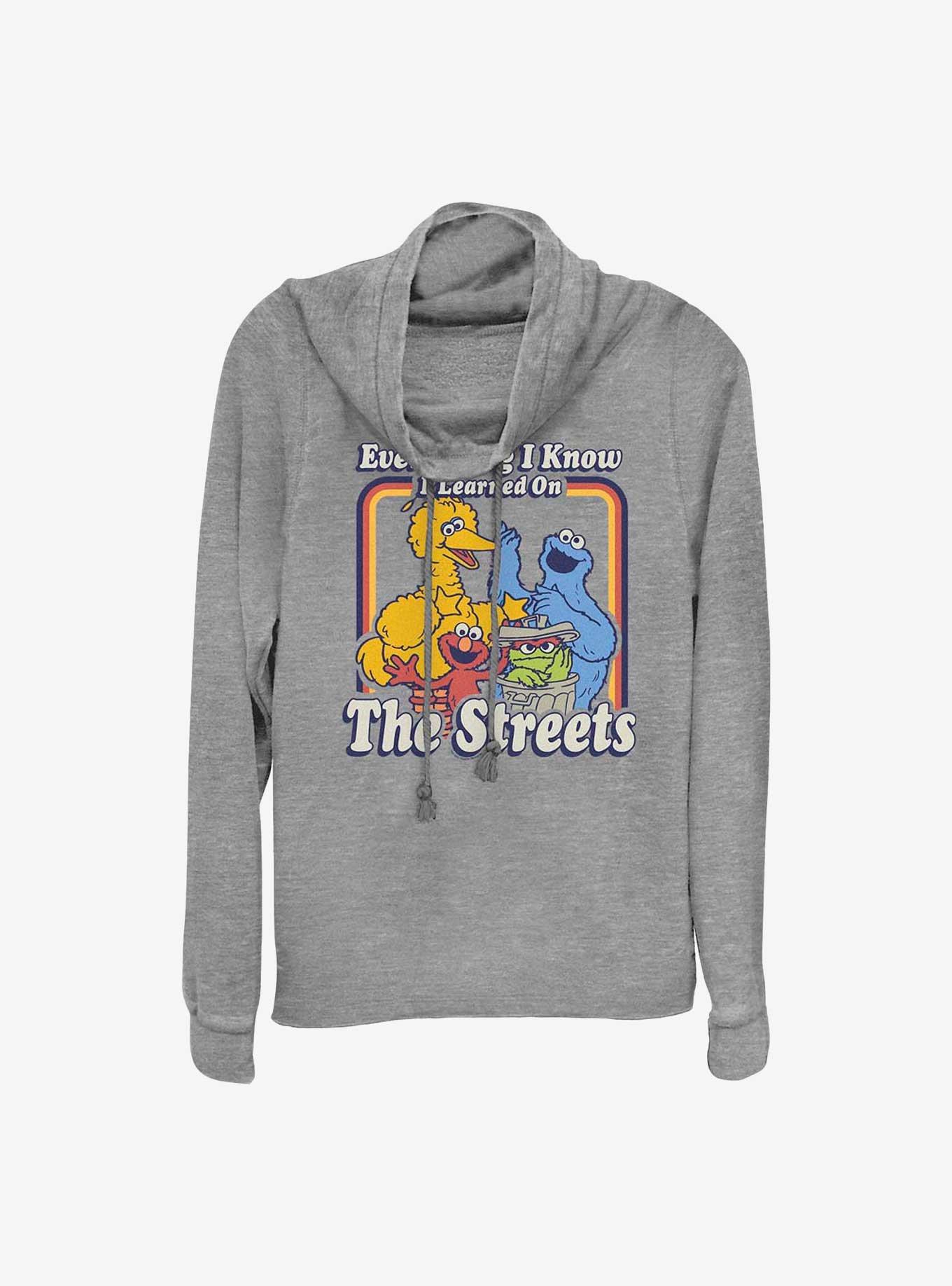 Sesame Street Everything I Know I Learned On The Streets Cowl Neck Long-Sleeve Top, GRAY HTR, hi-res