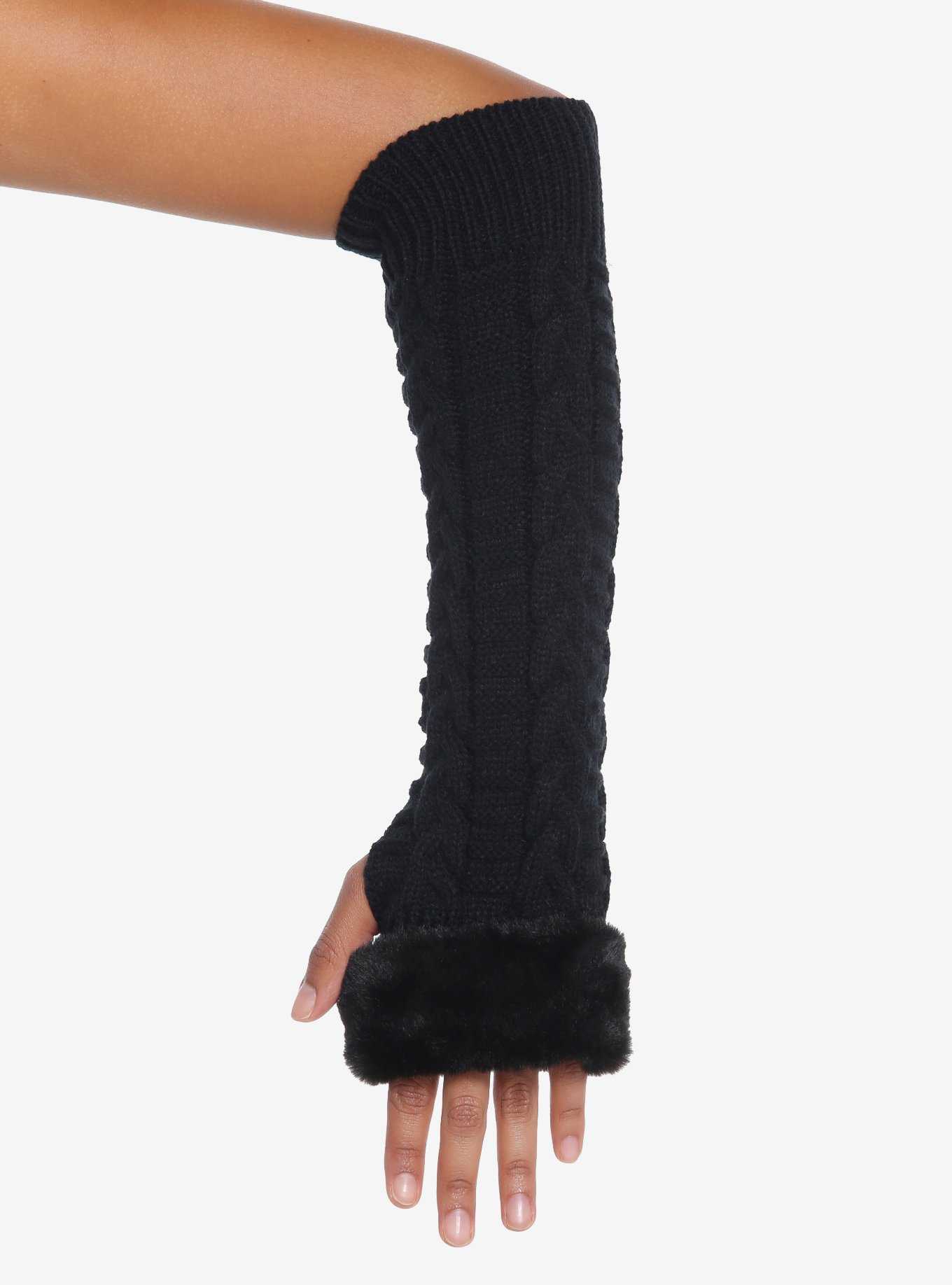 Black Faux Fur Knit Arm Warmers, , hi-res