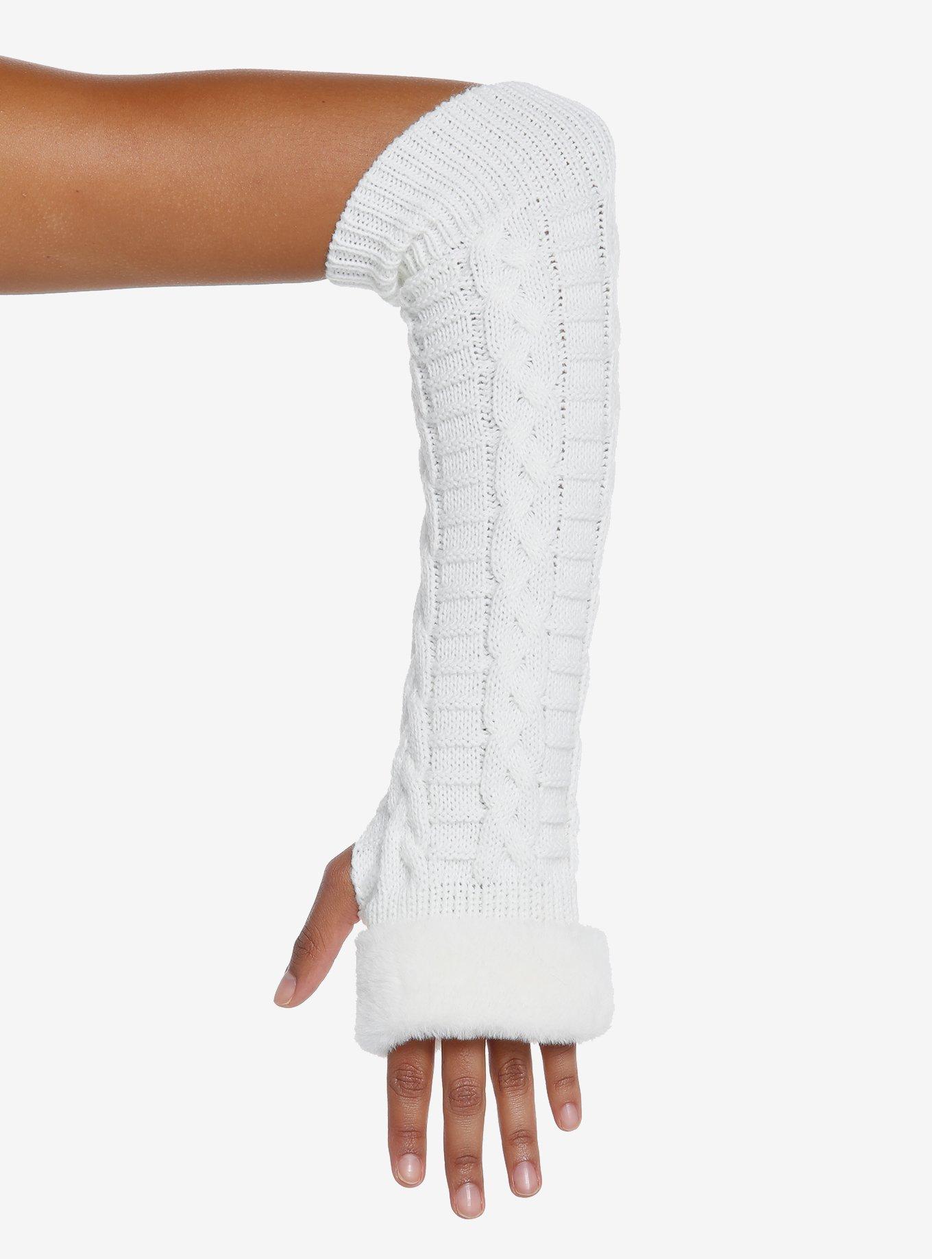 White Faux Fur Knit Arm Warmers, , hi-res