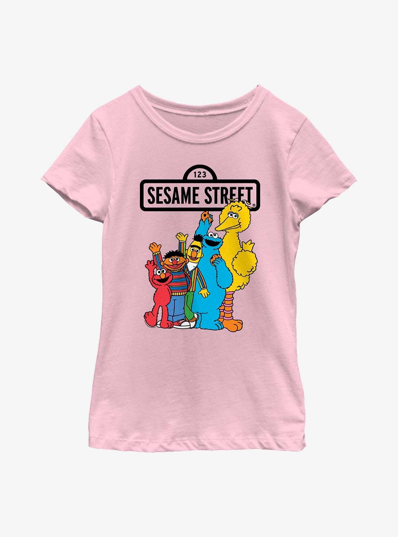 Sesame Street Friends Waving Youth Girls T-Shirt, PINK, hi-res