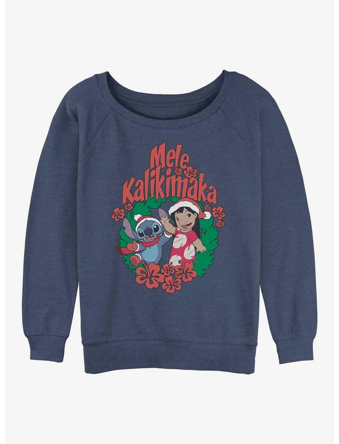 Disney Lilo & Stitch Mele Kalikimaka Wreath Womens Slouchy Sweatshirt, BLUEHTR, hi-res