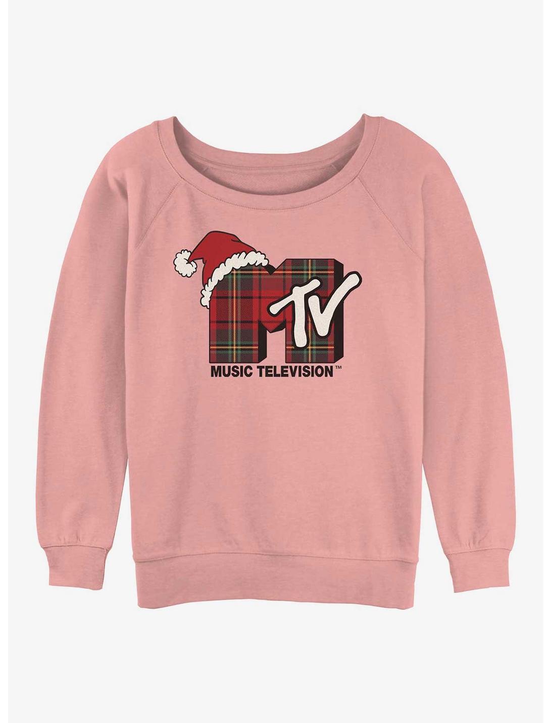 MTV Plaid Christmas Womens Slouchy Sweatshirt, DESERTPNK, hi-res